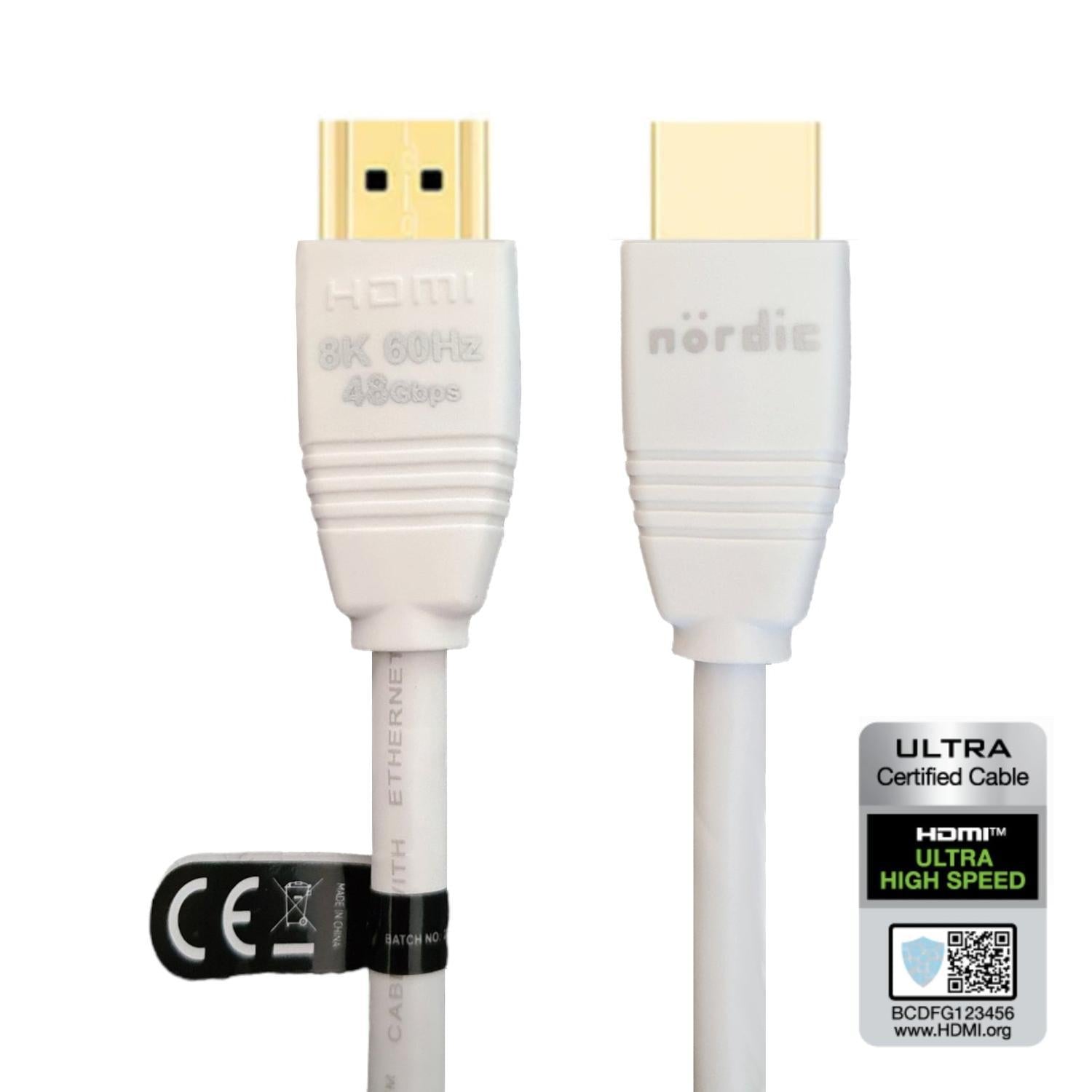 NÖRDIC CERTIFIED CABLES 1,5m Ultra High Speed HDMI2.1 8K 60Hz 4K 120Hz 144Hz 48Gbps Dynamic HDR eARC Game Mode VRR Dolby ATMOS gullbelagt PVC hvit