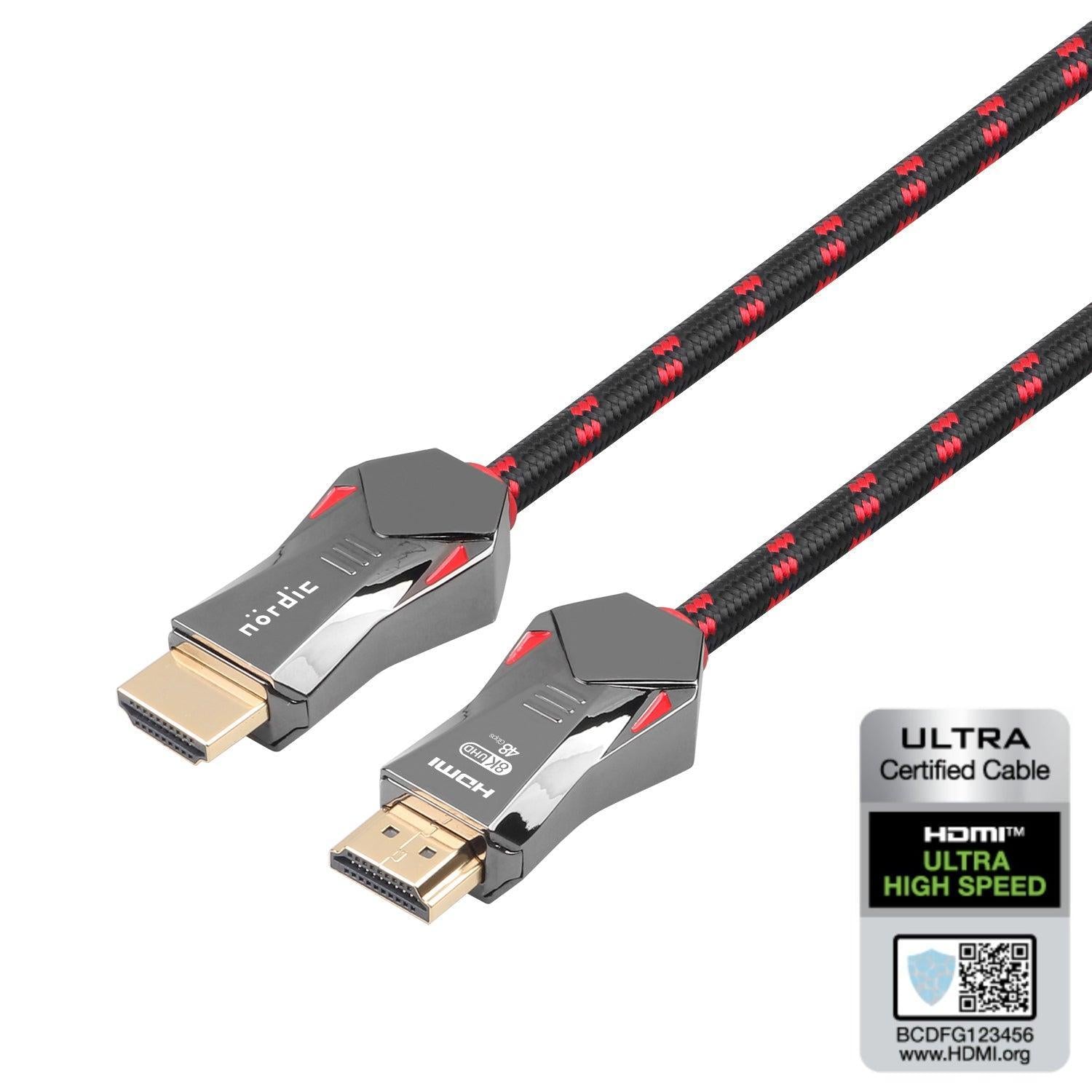 NORDIC CERTIFIED CABLES 1,5m Ultra High Speed HDMI 2.1 8K 60Hz 4K 120Hz 48Gbps Dynamic HDR eARC VRR Nylon flettet kabel Gullbelagte kontakter