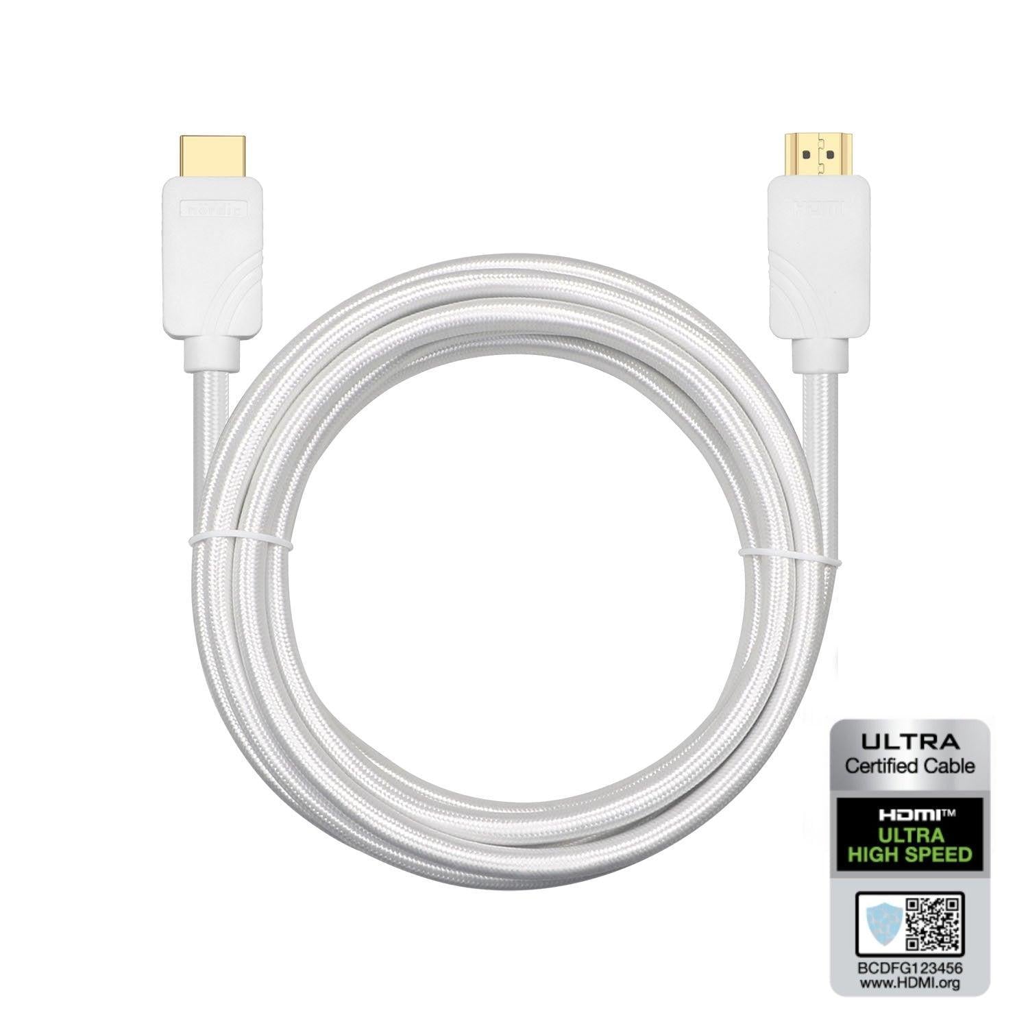 NÖRDIC Certified Cables 3M HDMI 2.1 Ultra High Speed 8K 60Hz 4K 120Hz 48Gbps Dynamic HDR Earc Game Mode VRR Dolby Atmos Nylon Flettet Forgylt