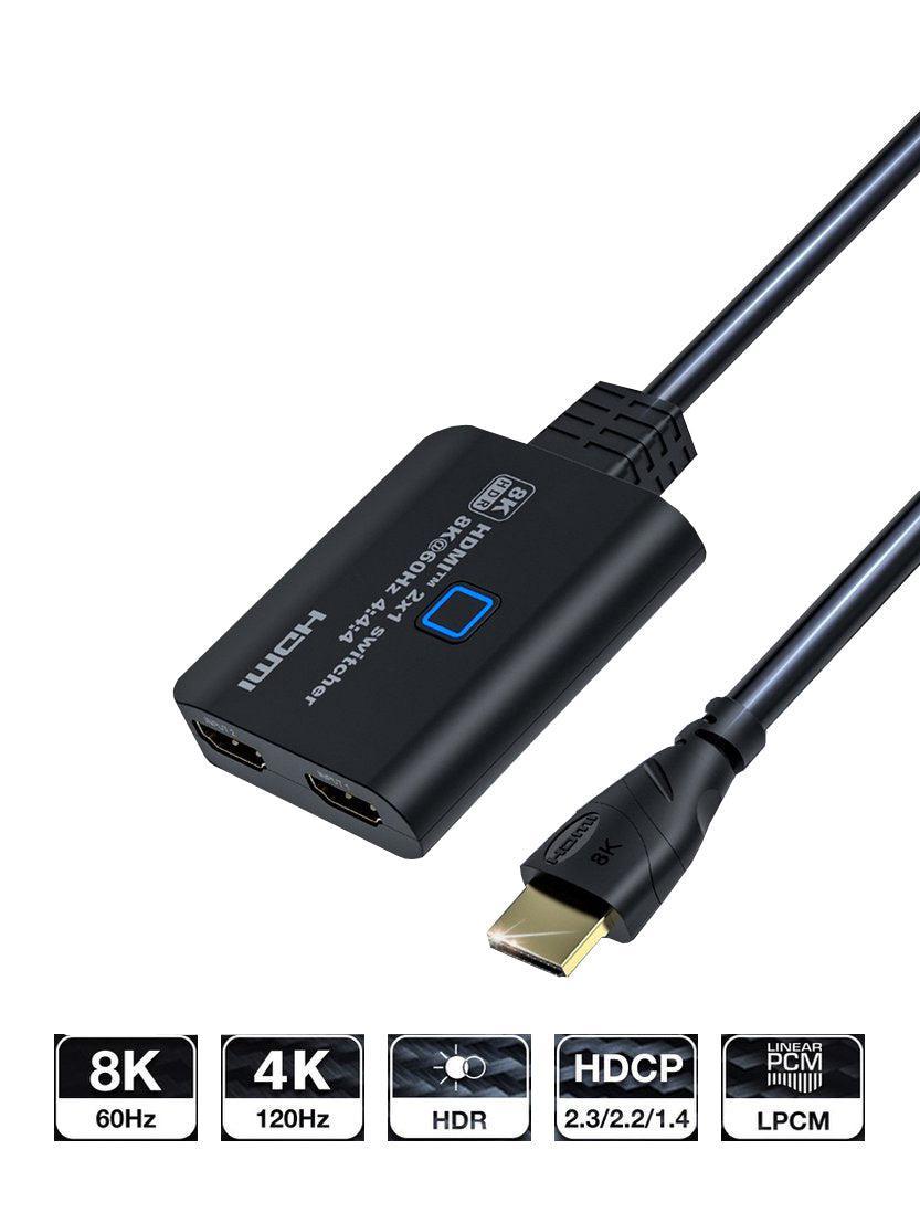 NÖRDIC HDMI 2.1-svitsj 2 til 1 8K60Hz 4K120Hz 48Gbps HDR HDCP2.3 Surround 7.1 CEC