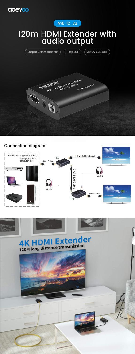 NÖRDIC HDMI Cat6 forlengelse 120m 4K30Hz HD med loop EDID funksjon HDMI Extension