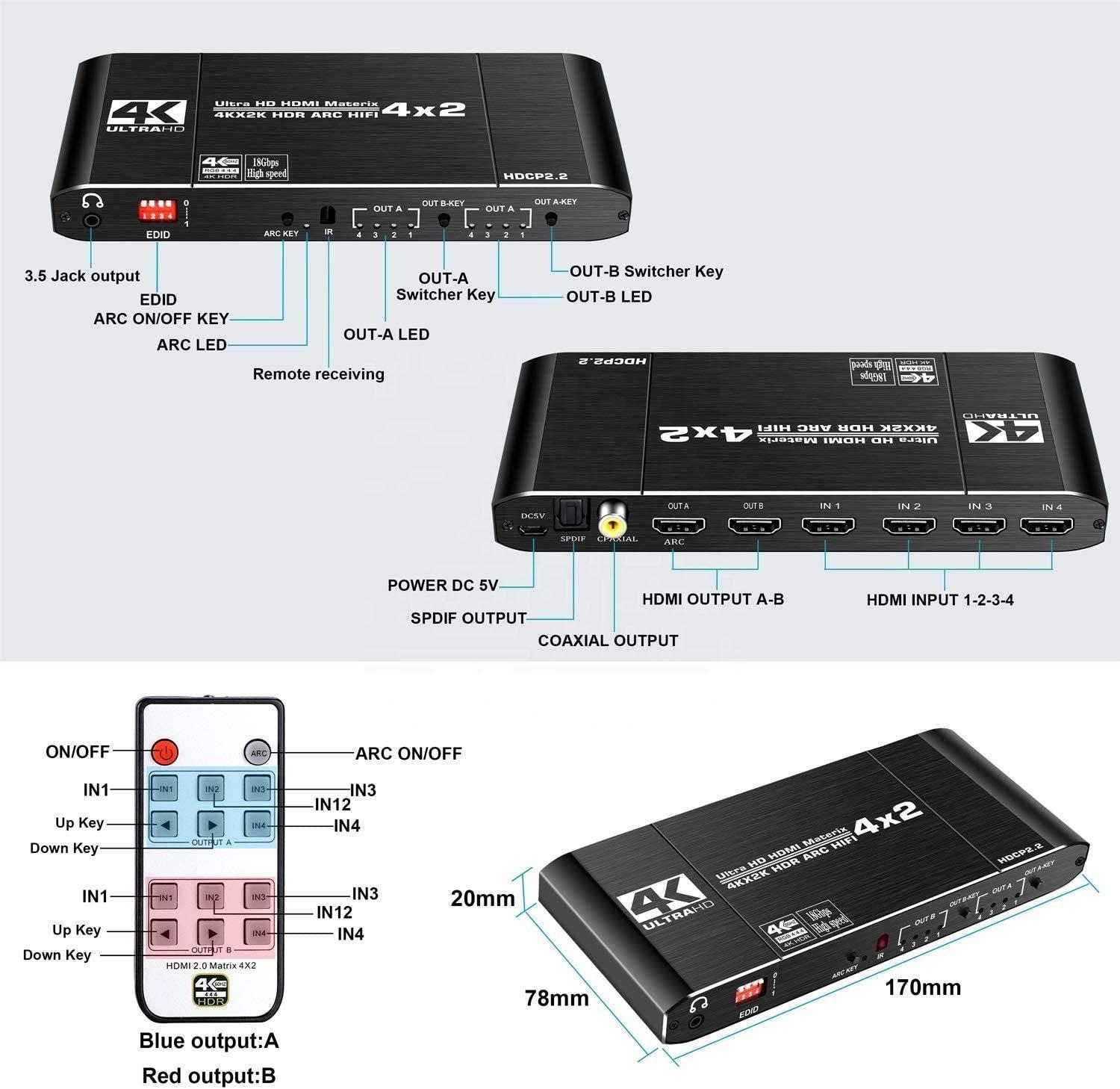 NÖRDIC HDMI Matrix Switch 4 til 2 med lydkontaktor og bue, 4kx2k i 60Hz, YUV 4: 4: 4 18Gbps HDCP 2.2, 5.1 Surround, metall