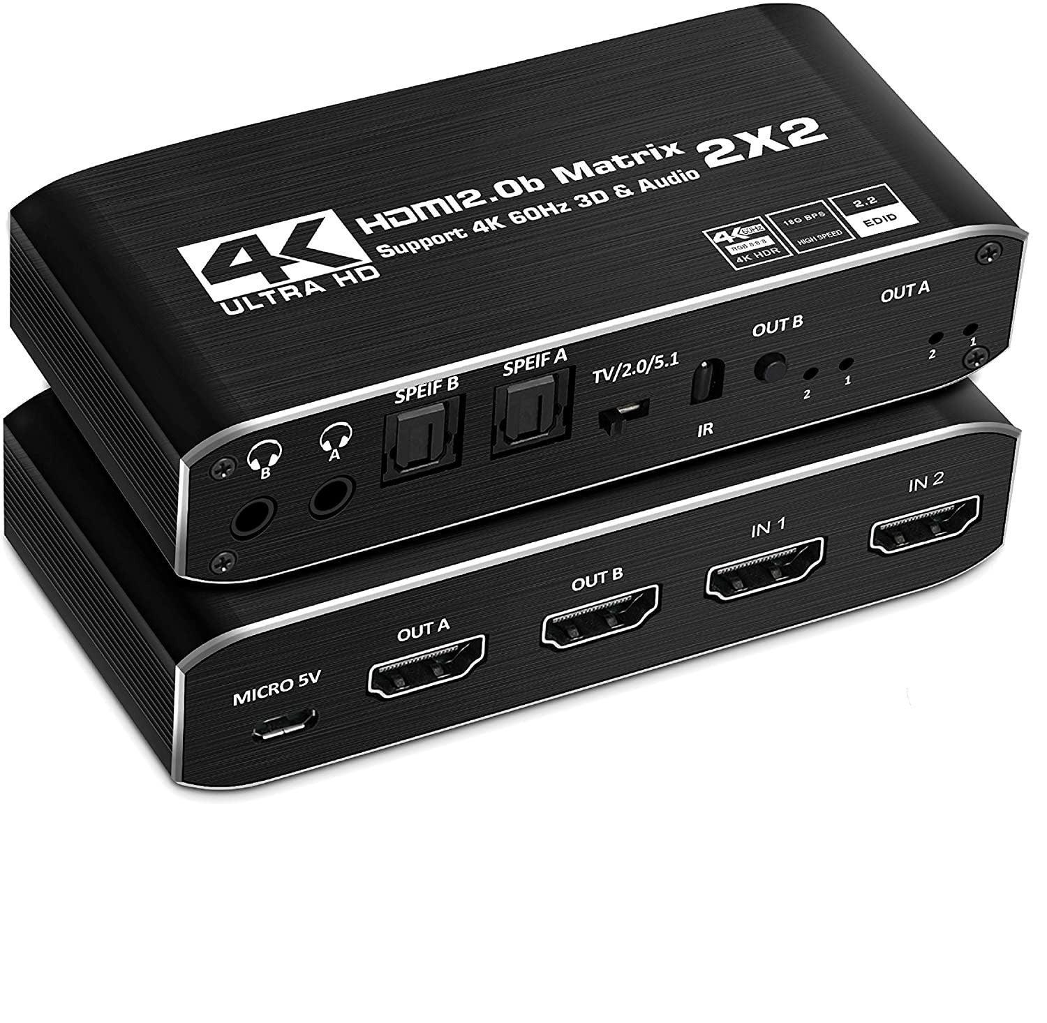 NÖRDIC HDMI Matrix switch 2X2 med avtrekker 4K60Hz RGB 8: 8: 8 18Gbps 3D HDR HDCP2.2