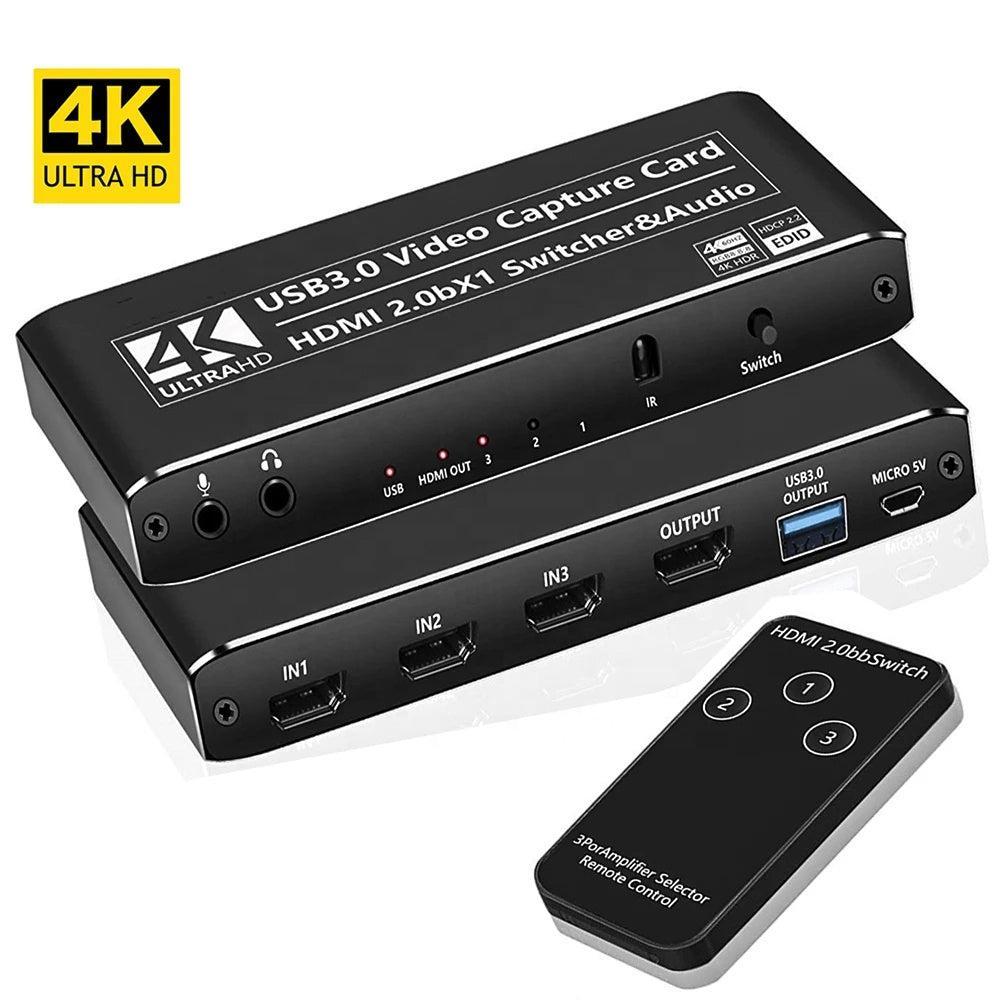 NÖRDIC HDMI Switch 3 til 1 med videoopptakskort HDMI2.0 4K60Hz USB3.1 Mikrofon og lydutgang HDMI Signalløkkeutgang HDR HDCP2.2 EDID RGB8: 8:8