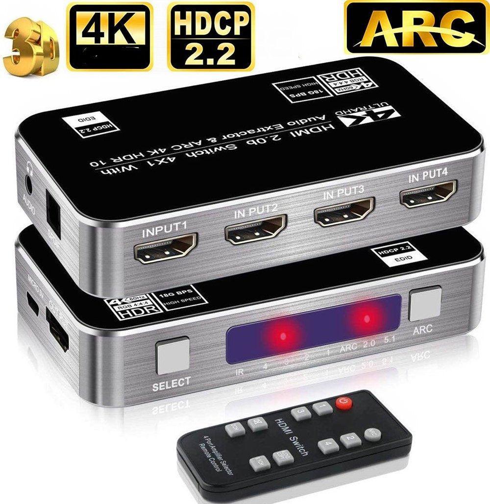 NÖRDIC HDMI Switch 4 til 1 med Audio Extractor og ARC 4K60Hz MHL Dolby True SPDIF Stereo 3D