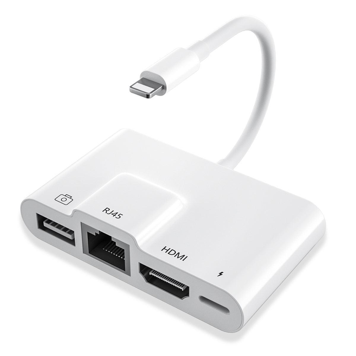 NÖRDIC Lightning Adapter 1 til 4 Porter 1XHDMI 1X RJ4510 / 100 Mbps 1xUSB A 3.1 og 1 x Lightning Lading Port