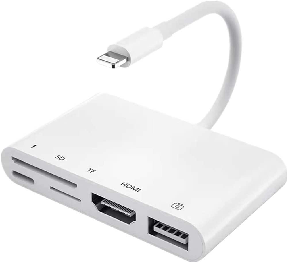 NÖRDIC Lightning Adapter 1 til 5 Ports 1xHDMI 1x USB A 3.1 1x Lightning for lading 1xtf og 1xsd kortleser
