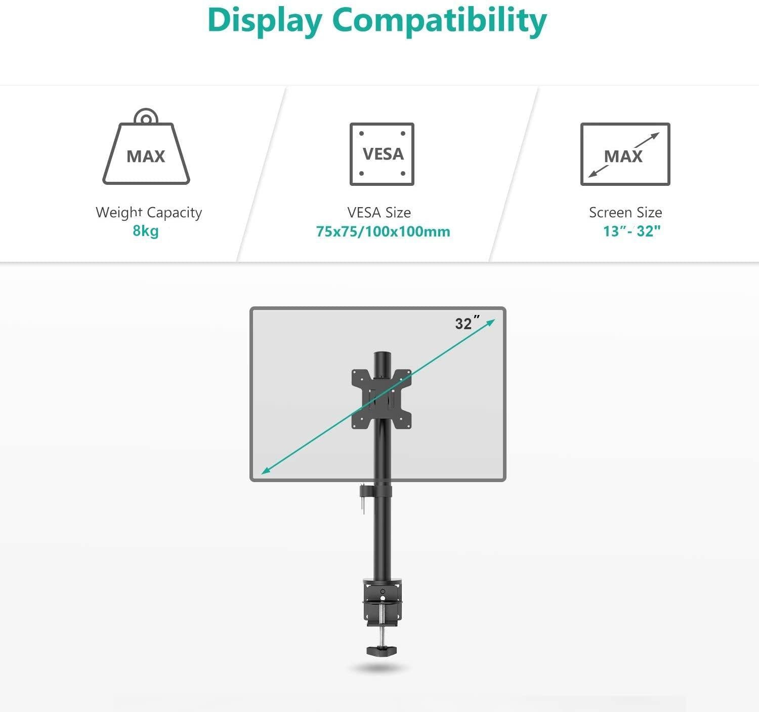 NÖRDIC Monitorarm Table Bracket for 1 Monitor 13-32 med Justerbar høyde Rotatbar og vippbar, Stål, Svart, Skjermbrakett VESA 75 og 100