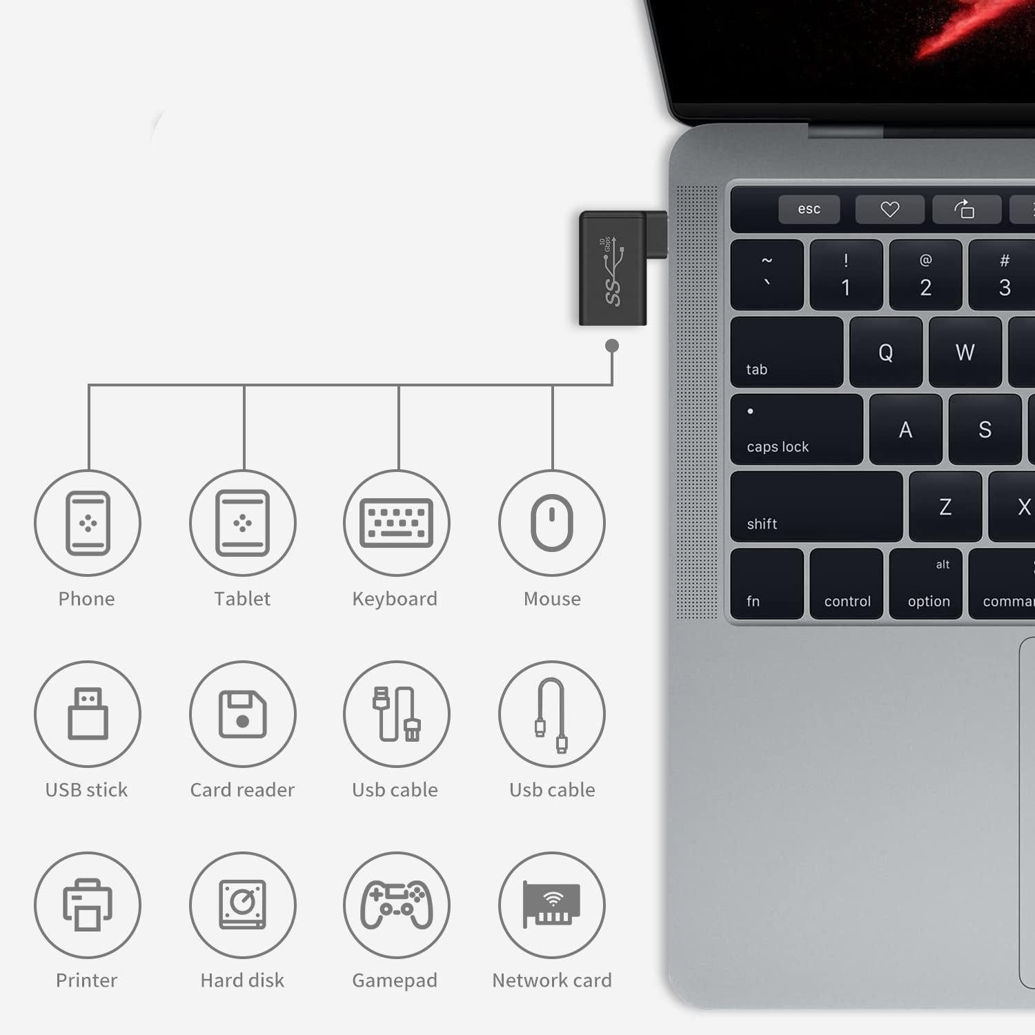 NÖRDIC USB-A 3.1 OTG hunn- til USB C-hann-vinklet adapter 5 Gbps Aluminium synkronisering og lading OTG USB-C-adapter