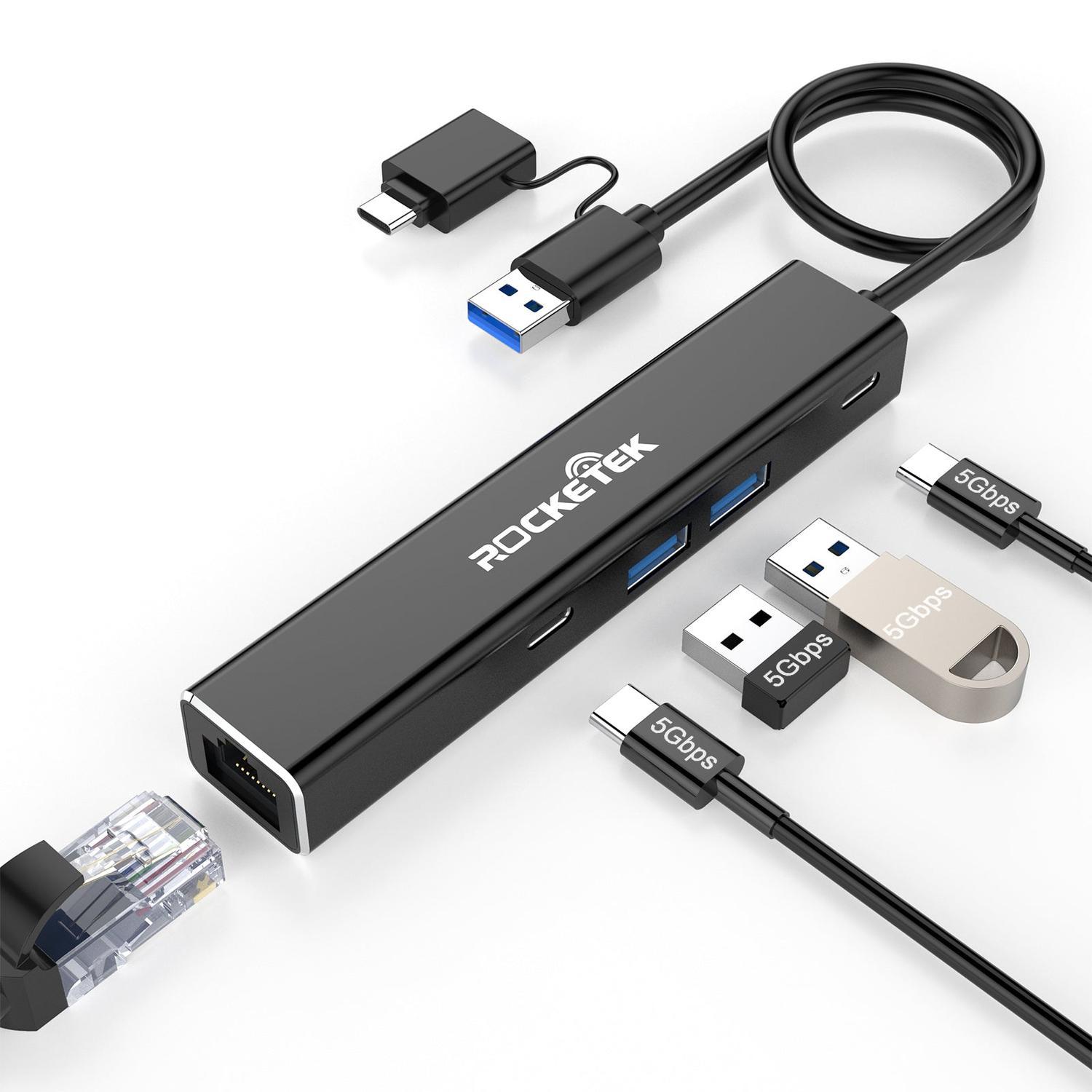 NÖRDIC USB-A og C nettverksadapter 1xGiga LAN 2xUSB-C 5G 2xUSB-A 5G
