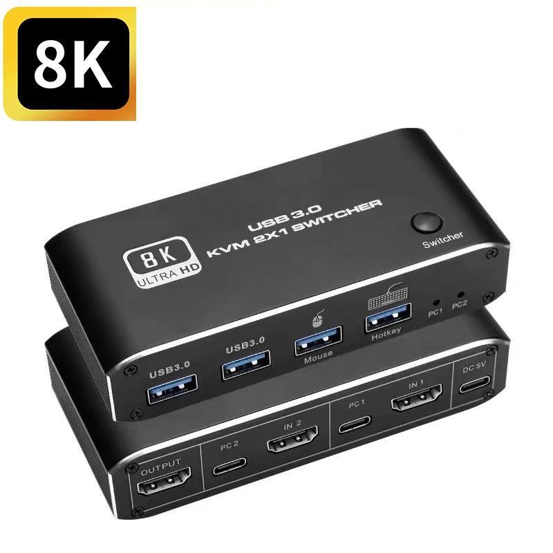 NÖRDIC HDMI 2.1 8K60Hz KVM-svitsj 2 til 1 HDCP2.3 HDR10 med 4XUSB-A-utgang