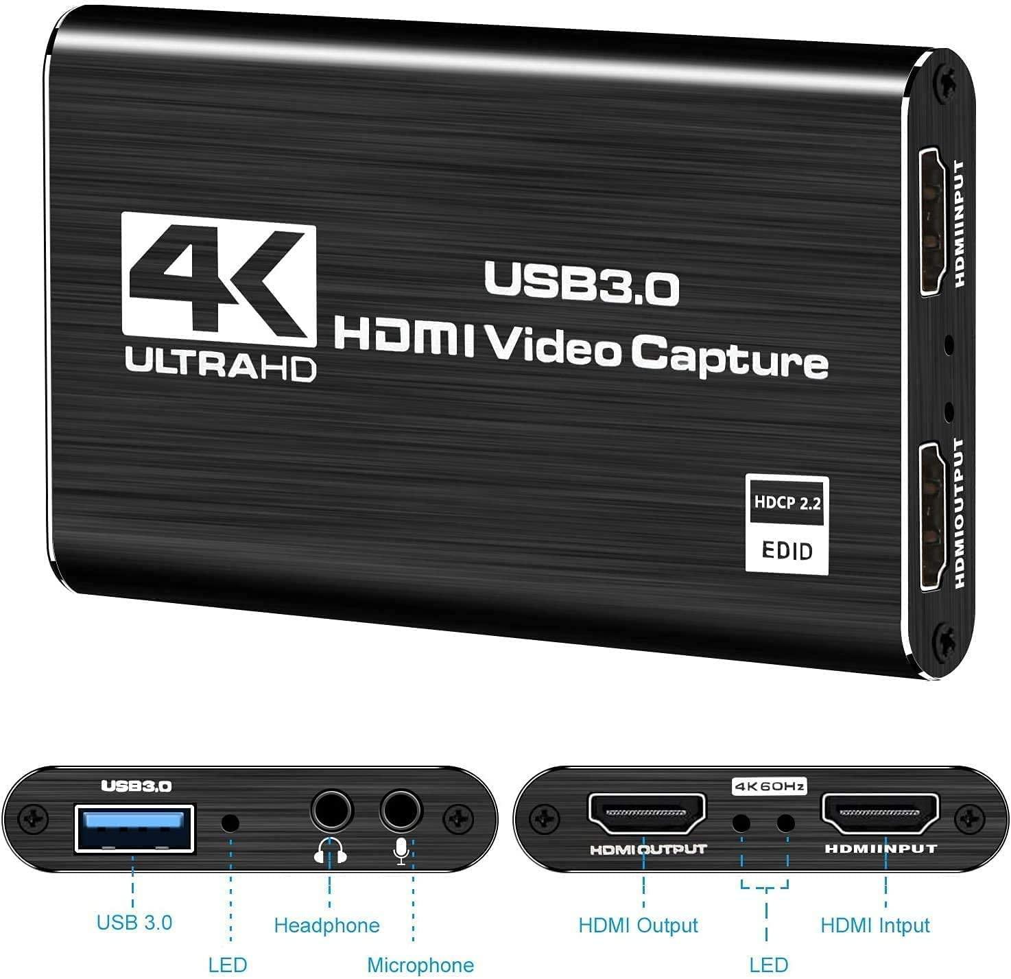 NÖRDIC Videoopptaksadapter USB3.0 HDMI-utgang 4K 60Hz HDMI med sløyfemikrofon og lydutgang HDMI-signalsløyfeutgang