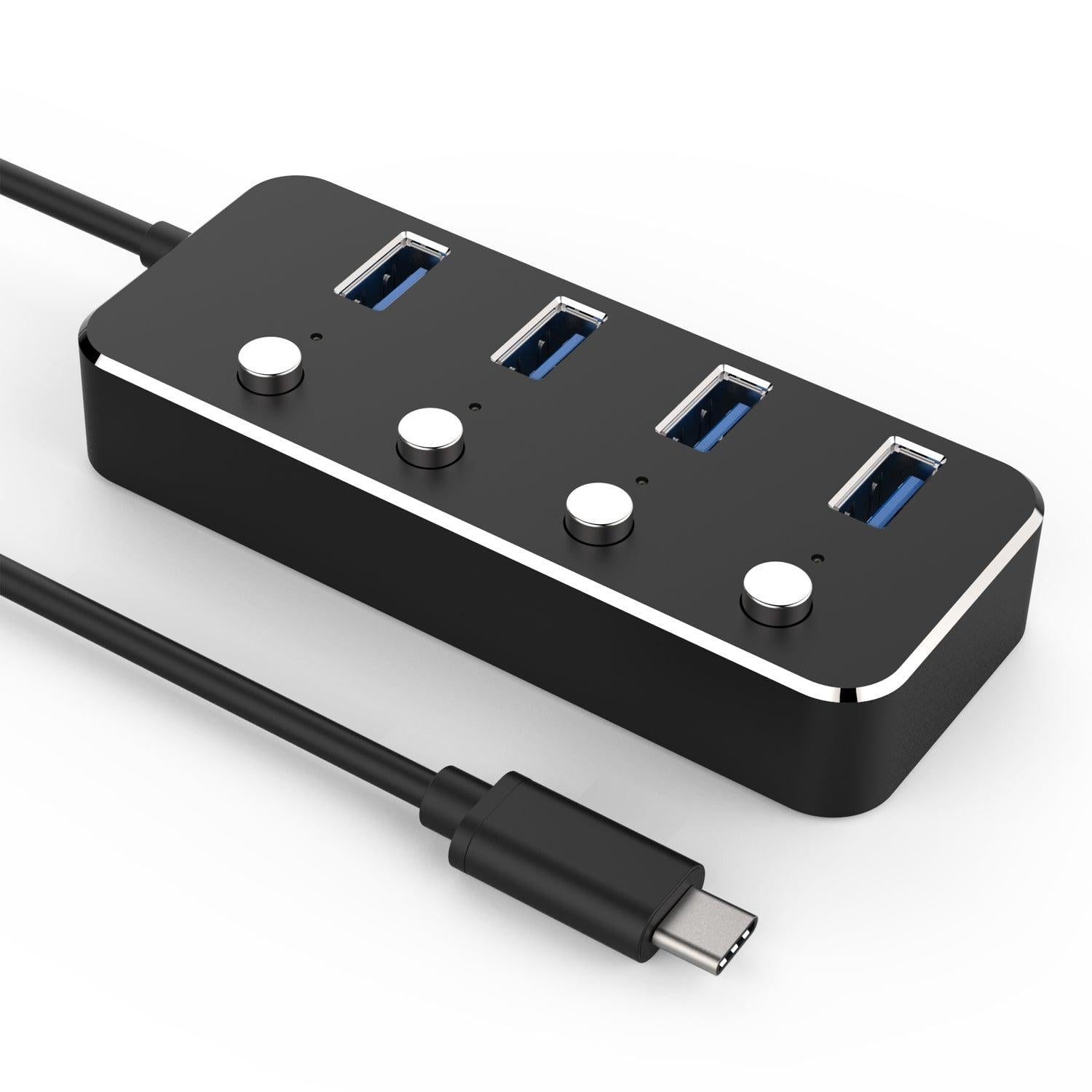 NÖRDIC drevet 4-ports hub USB-C 3.0 5Gbps med individuell bryter 25 cm kabel aluminium svart med strømforsyning