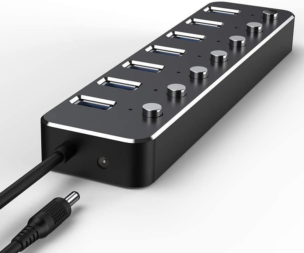 NÖRDIC drevet 7-ports USB-C 3.0 HUB med individuell bryter 5Gbps 25cm kabel aluminium svart med strømforsyning
