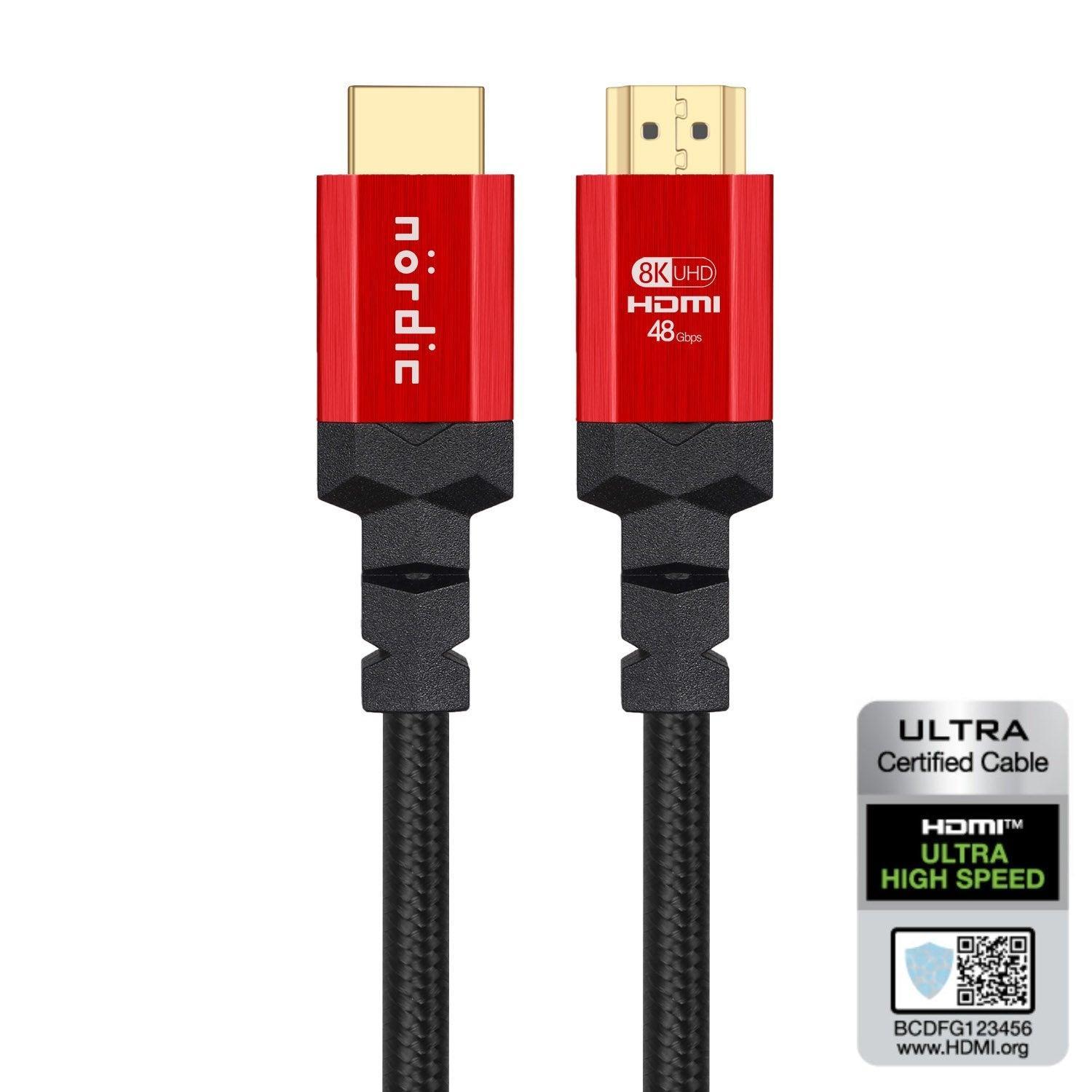 NÖRDIC sertifisert kabler sertifisert 5m ultra høyhastighets HDMI 2.1 8k 60hz 4k 120Hz 48Gbps Dynamic HDR Earc VRR Nylon flettet kabel gullbelagt