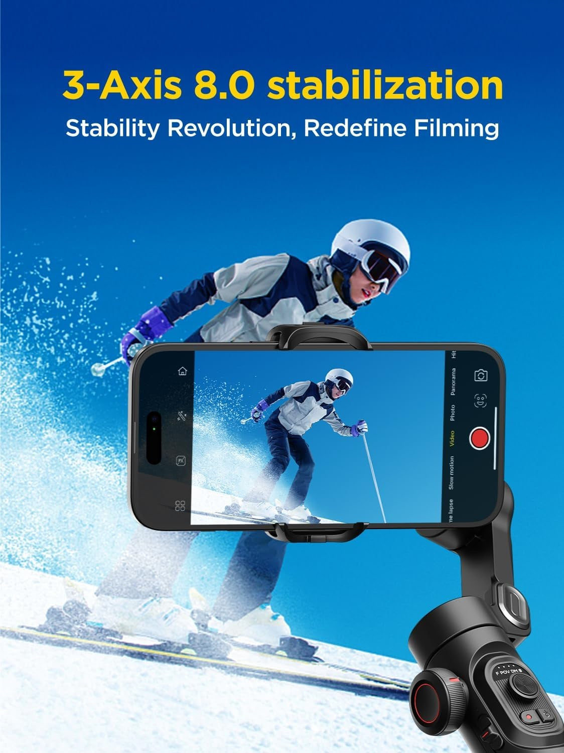 Håndholdt 3-akset telefonstabilisator Sammenleggbar gimbal for iPhone og Android Fokus-hjul og ansikts-/objektsporing