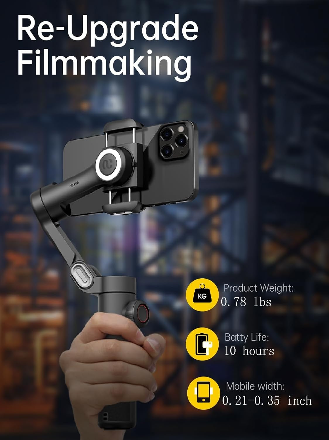 Håndholdt 3-akset telefonstabilisator Sammenleggbar gimbal for iPhone og Android Fokus-hjul og ansikts-/objektsporing