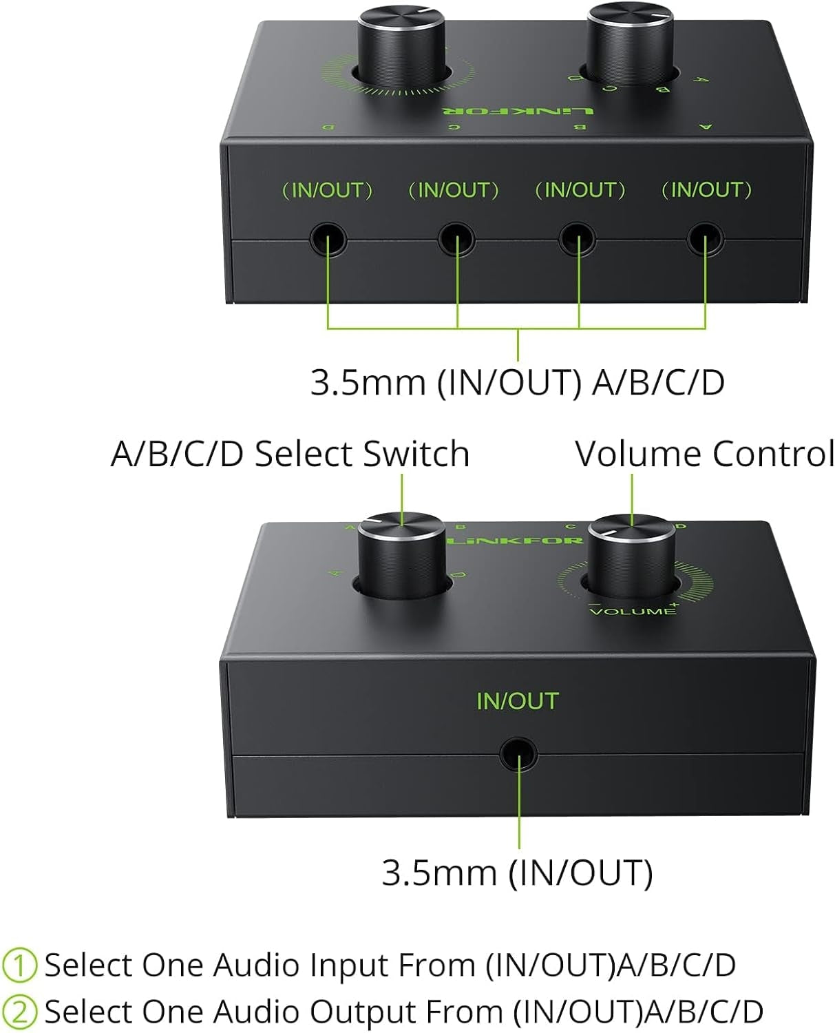 NÖRDIC 3,5 mm Stereo Switch 4-port med volumkontrollknapp