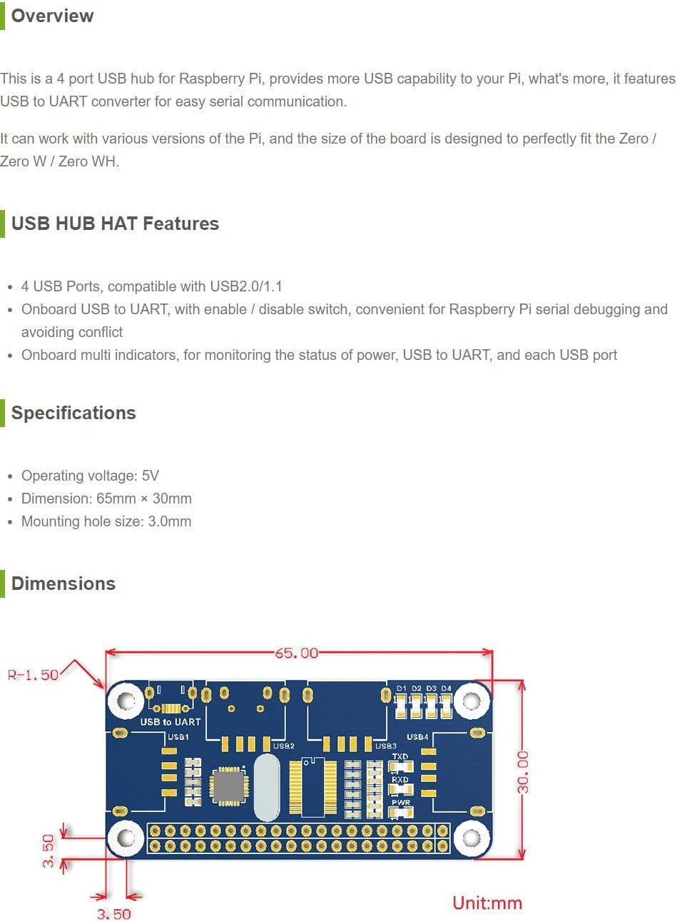 USB HUB HAT med 4 porter for Raspberry Pi Zero/A+/B/B+/2/3 – Støtter USB-A og seriell feilsøking via USB til UART