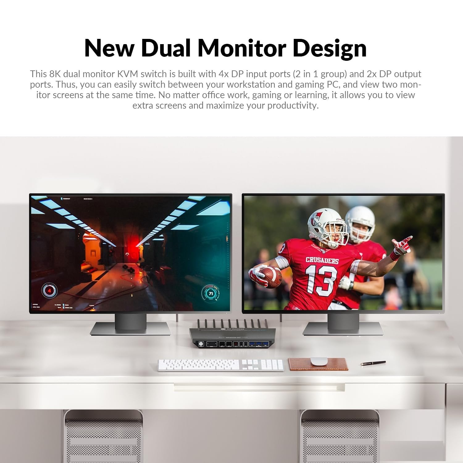 AV Access 8K DisplayPort KVM-svitsj for to datamaskiner til to skjermer