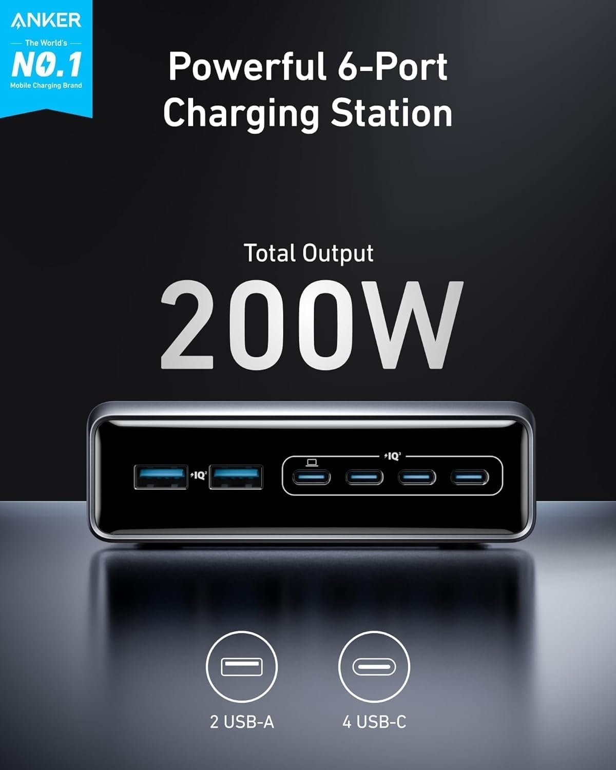 ANKER Prime-lader, 200W 6-port GaN-ladestasjon, Hurtiglading USB C