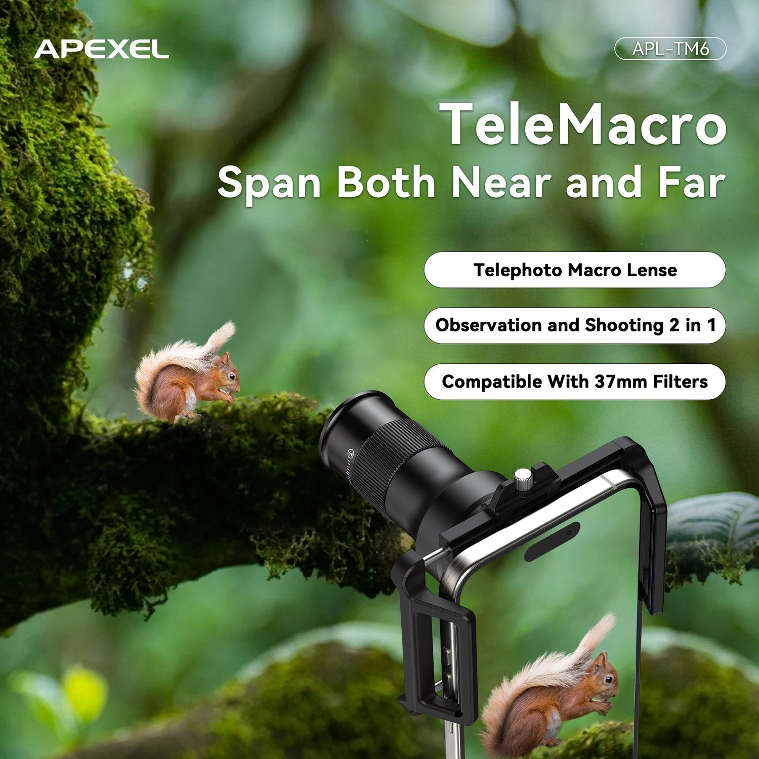 APEXEL 2-i-1 HD 6X Fast Fokus Teleobjektiv med 150mm Makroobjektiv med Universalklips, Profesjonelt Mobilobjektivsett