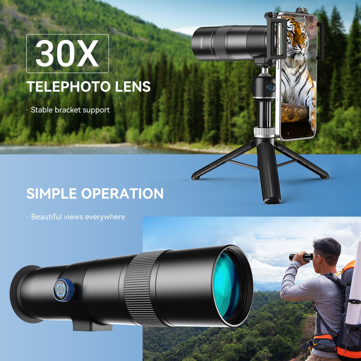 APEXEL 30x Super Teleobjektiv, 720 mm Brennvidde Teleobjektiv for Smartphone, Profesjonell