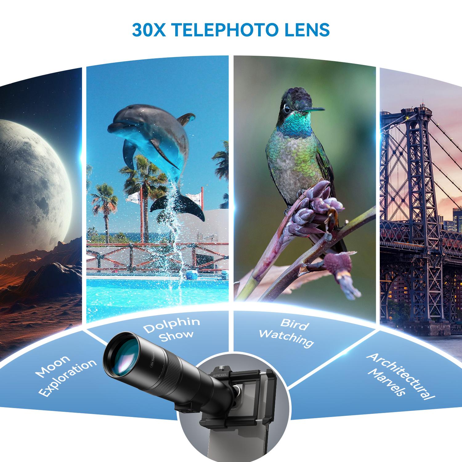 APEXEL 30x Super Teleobjektiv, 720 mm Brennvidde Teleobjektiv for Smartphone, Profesjonell