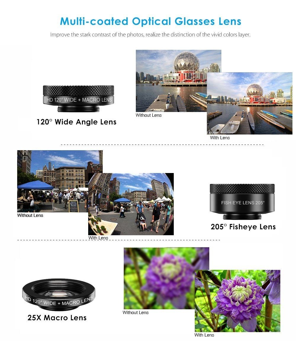 APEXEL 6 in 1 Phone Lens Kit - 22X Telephoto Lens, 205° Fisheye Lens, 120° Wide Angle Lens & 25X Macro Lens