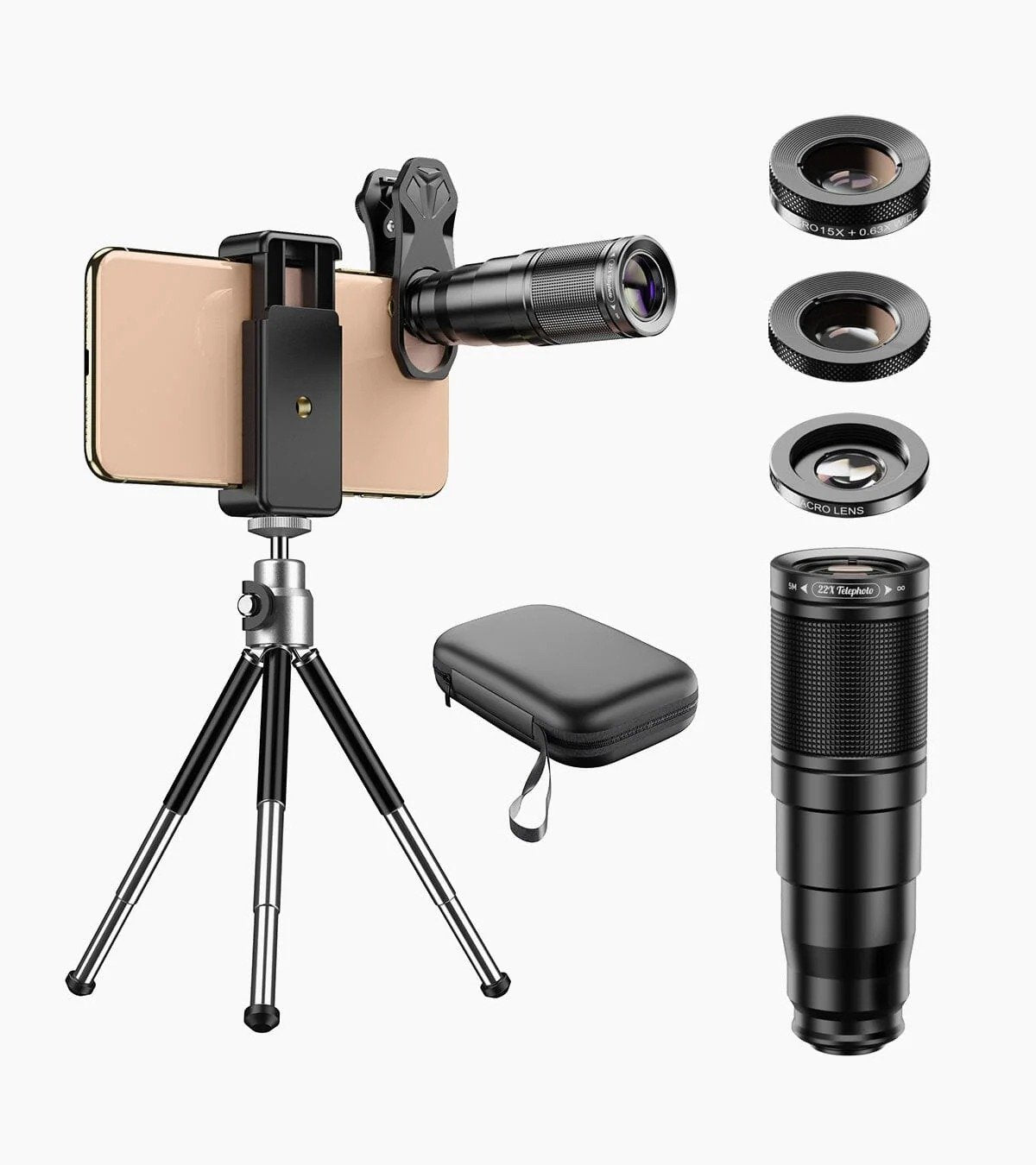 APEXEL 6 in 1 Phone Lens Kit - 22X Telephoto Lens, 205° Fisheye Lens, 120° Wide Angle Lens & 25X Macro Lens