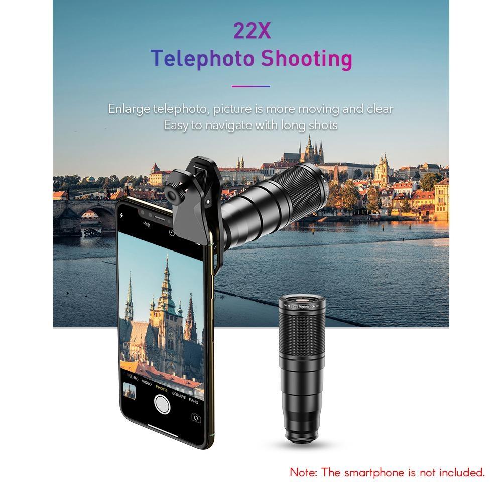 APEXEL 6 in 1 Phone Lens Kit - 22X Telephoto Lens, 205° Fisheye Lens, 120° Wide Angle Lens & 25X Macro Lens