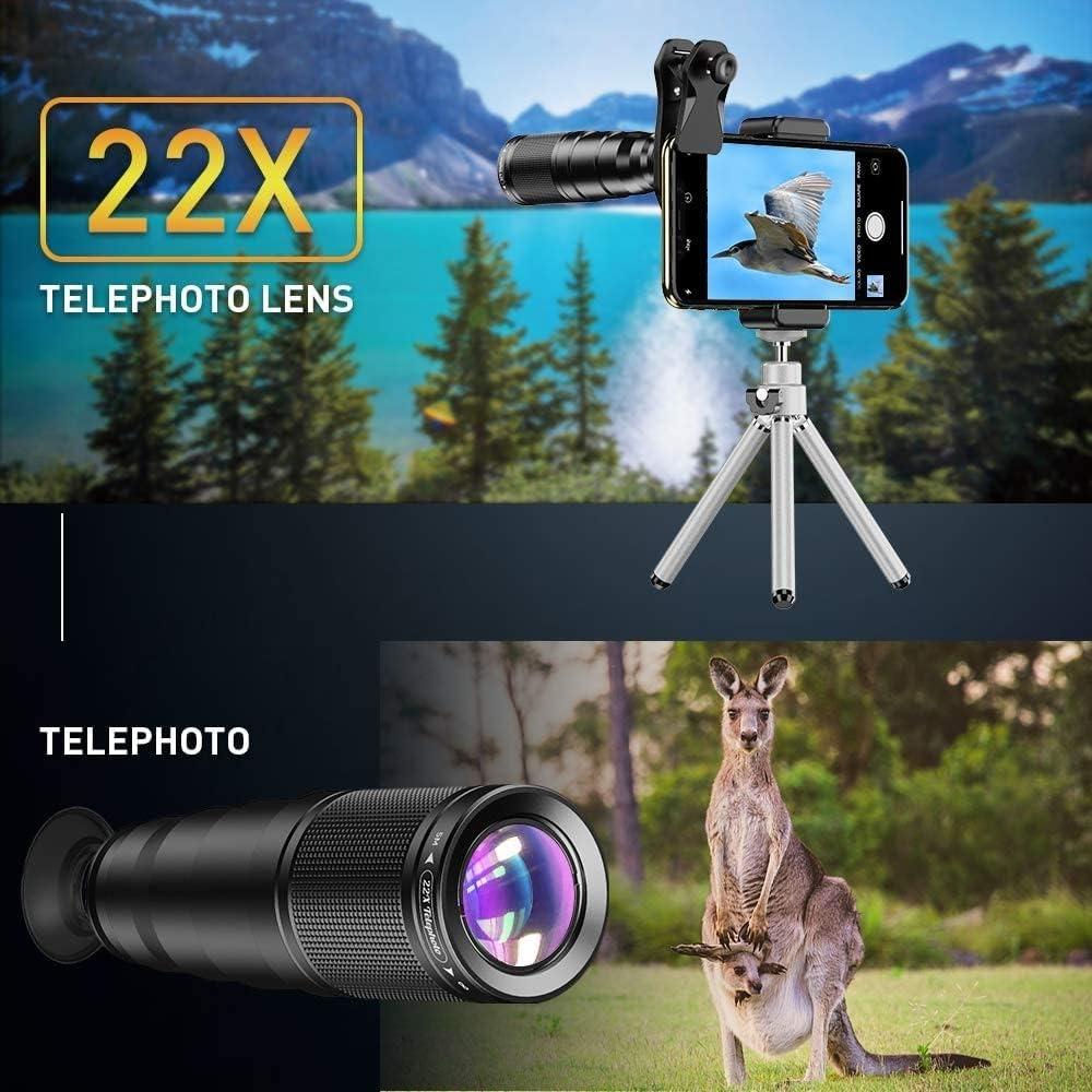 APEXEL 6 in 1 Phone Lens Kit - 22X Telephoto Lens, 205° Fisheye Lens, 120° Wide Angle Lens & 25X Macro Lens