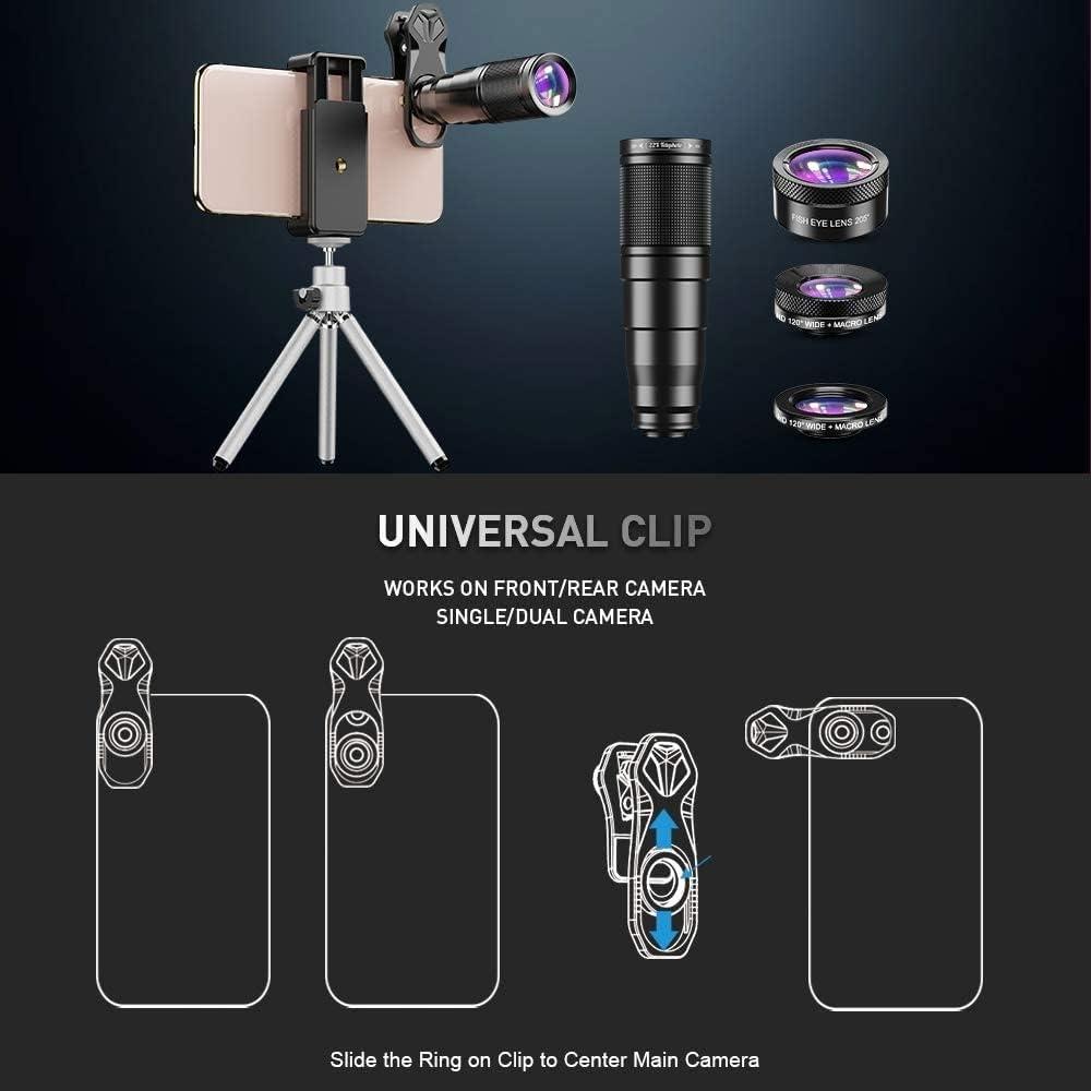 APEXEL 6 in 1 Phone Lens Kit - 22X Telephoto Lens, 205° Fisheye Lens, 120° Wide Angle Lens & 25X Macro Lens