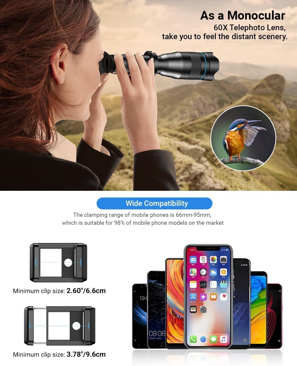 APEXEL Powerful 60X Telephoto Lens for iPhone Phone Camera Lens with Shutter Release and Tripod for Moongazing / Playing Games