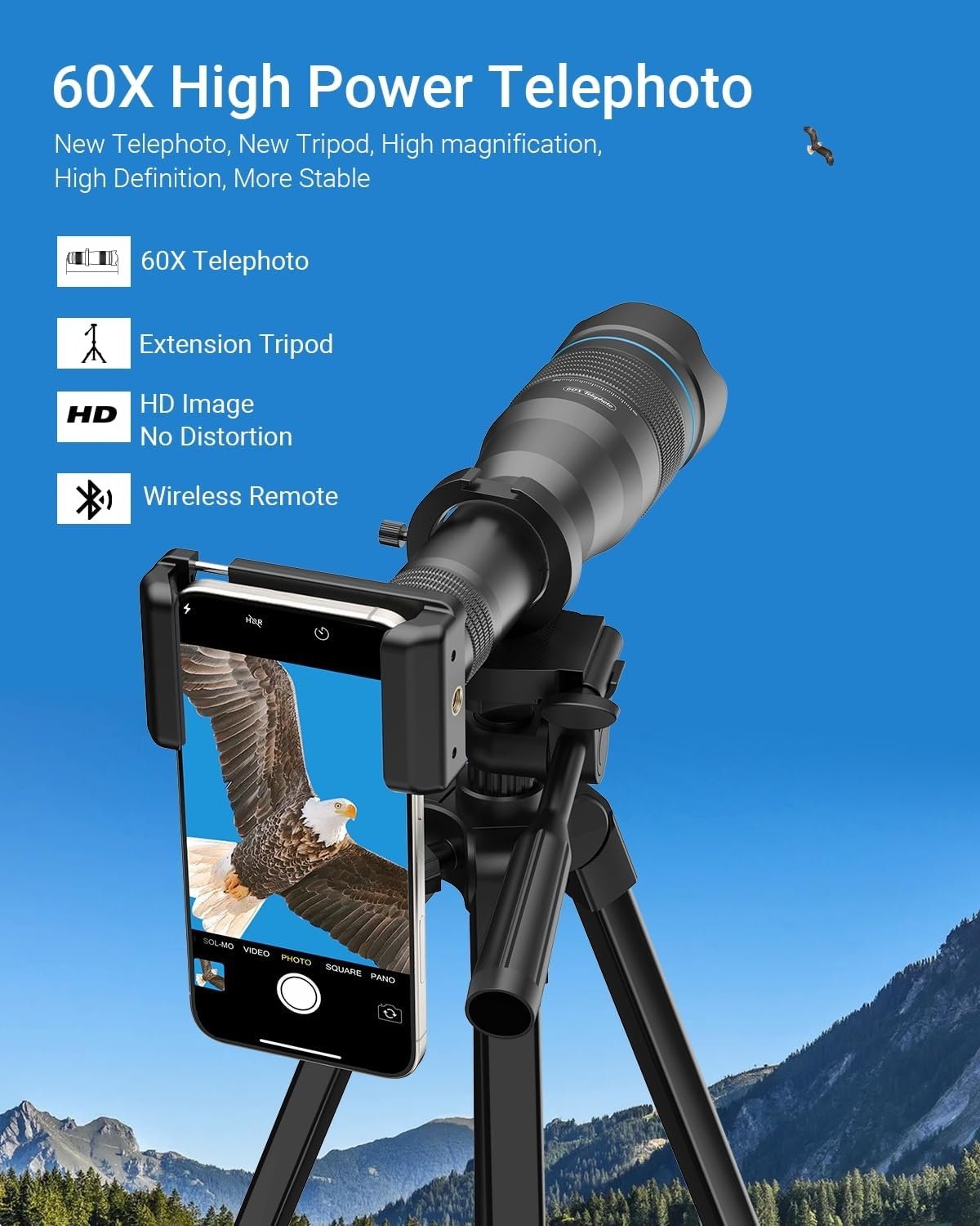 APEXEL Powerful 60X Telephoto Lens for iPhone Phone Camera Lens with Shutter Release and Tripod for Moongazing / Playing Games