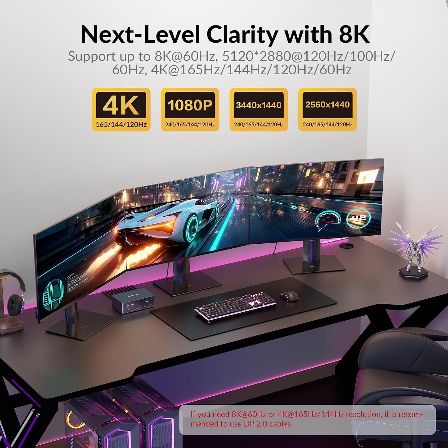 AV Access KVM Docking station 2 PC 3 Monitor 8K@60Hz, 4K@165/144Hz, 2K@144Hz 1G Ethernet , with Remote Controller, 3 x USB 3.0