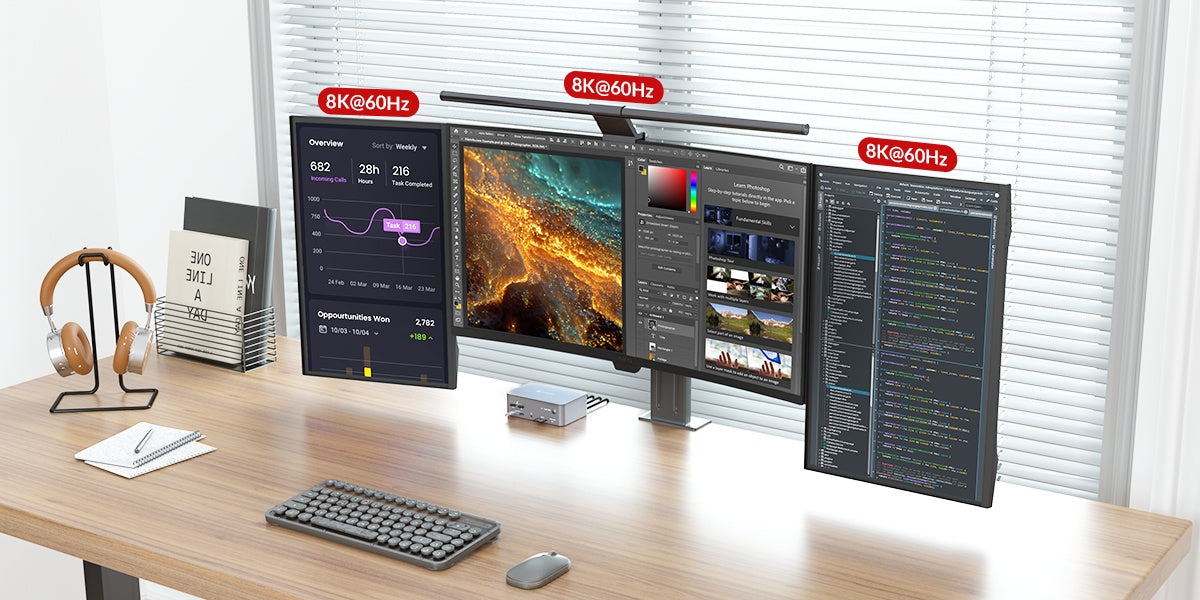 AV Access iDock B23 8K KVM-switch dockingstasjon 2 til 3, stasjonær + bærbar datamaskin til tre skjermer, (100W PD), 12-i-1, 8K@60Hz/4K@165Hz/1440P@240Hz