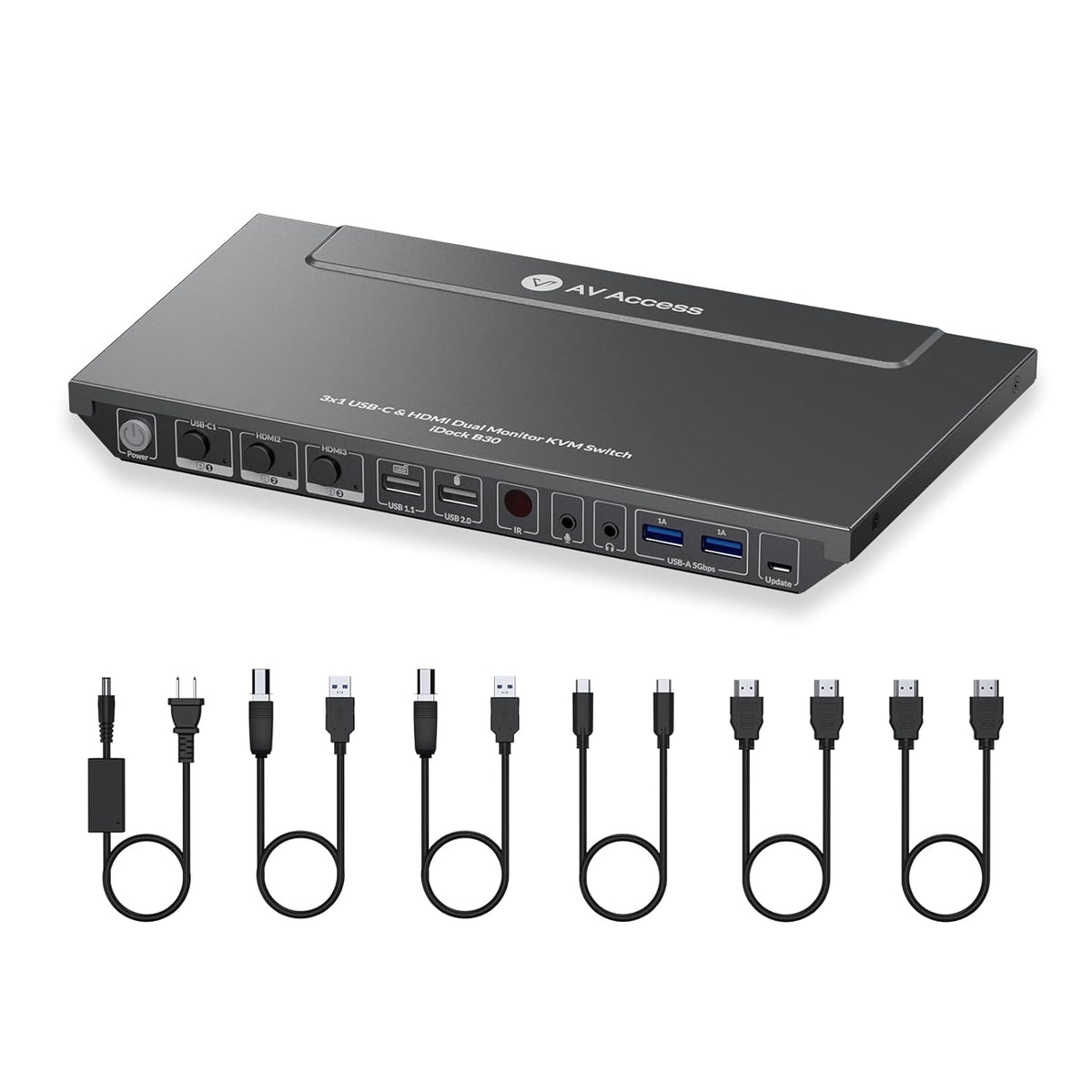 AV Access iDock B30 Dokkingstasjon og KVM-switch 3 til 2, Dual 4K Monitor for laptop + 2st stasjonære PC-er, 4K@60Hz, 5xUSB-A, 1G Ethernet, 65W lading for laptop, Lyd/Mikrofon, EDID
