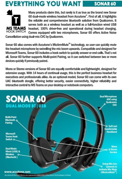 Accutone Sonar 60 Dual Bluetooth & USB kablet headset med støydempende mikrofon, lang batteritid for PC/Mac og telefoner