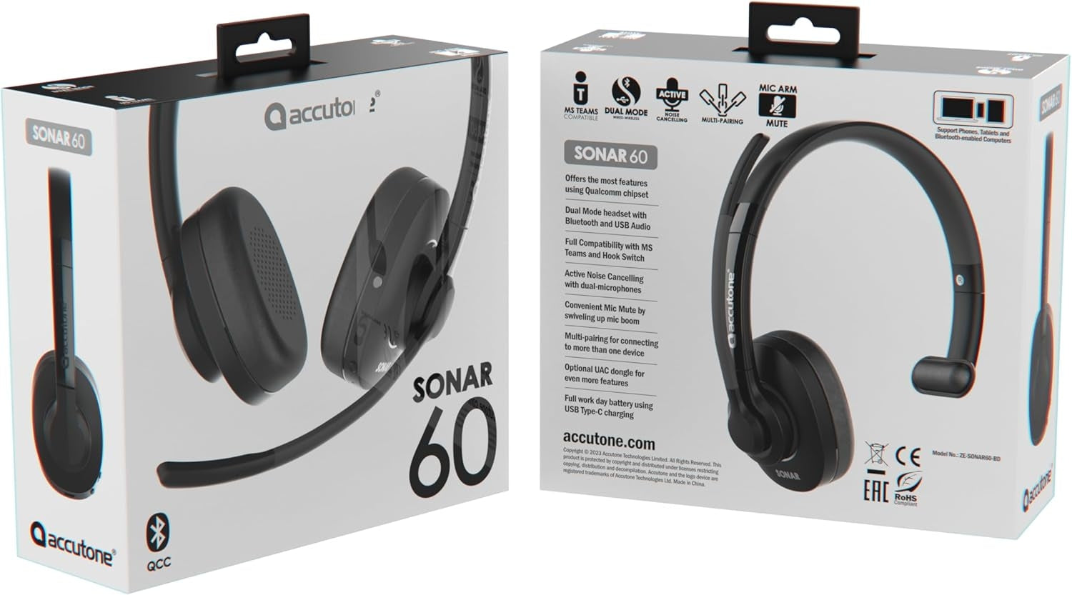 Accutone Sonar 60 Dual Bluetooth & USB kablet headset med støydempende mikrofon, lang batteritid for PC/Mac og telefoner