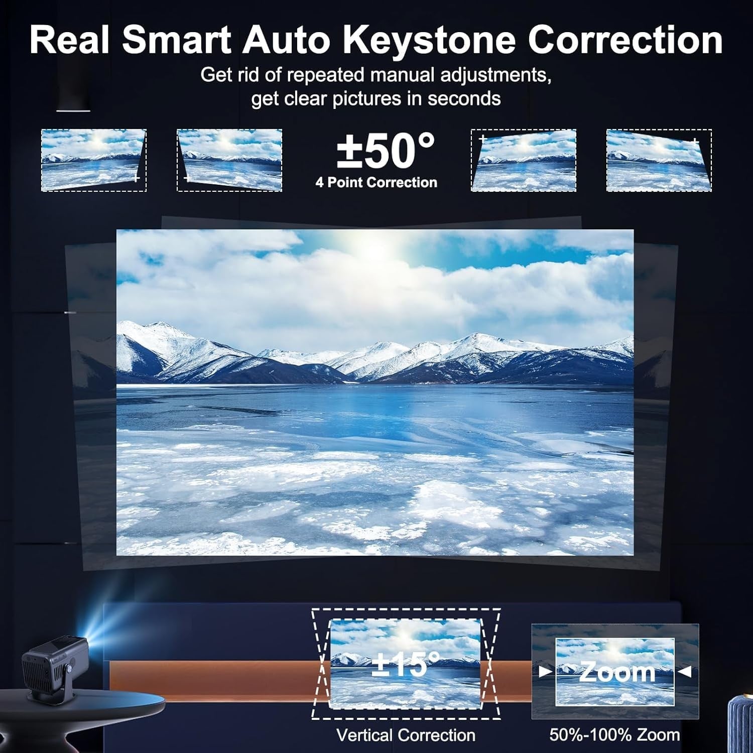 NÖRDIC Smart Projektor Android 13.0, Native 1080P, Auto Keystone, 300ANSI 4K HDR Støtte, Roterbar Design WiFi 6 & BT, Skjermspeiling, ARC