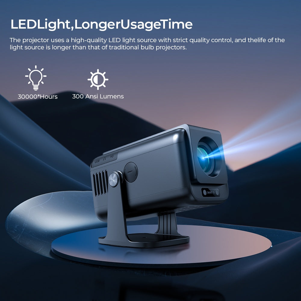 NÖRDIC Smart Projektor Android 13.0, Native 1080P, Auto Keystone, 300ANSI 4K HDR Støtte, Roterbar Design WiFi 6 & BT, Skjermspeiling, ARC