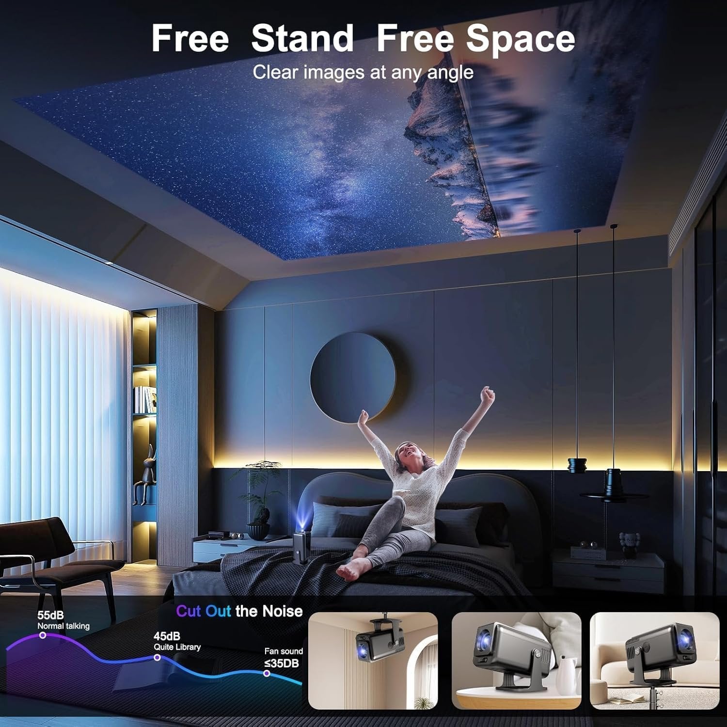 NÖRDIC Smart Projektor Android 13.0, Native 1080P, Auto Keystone, 300ANSI 4K HDR Støtte, Roterbar Design WiFi 6 & BT, Skjermspeiling, ARC