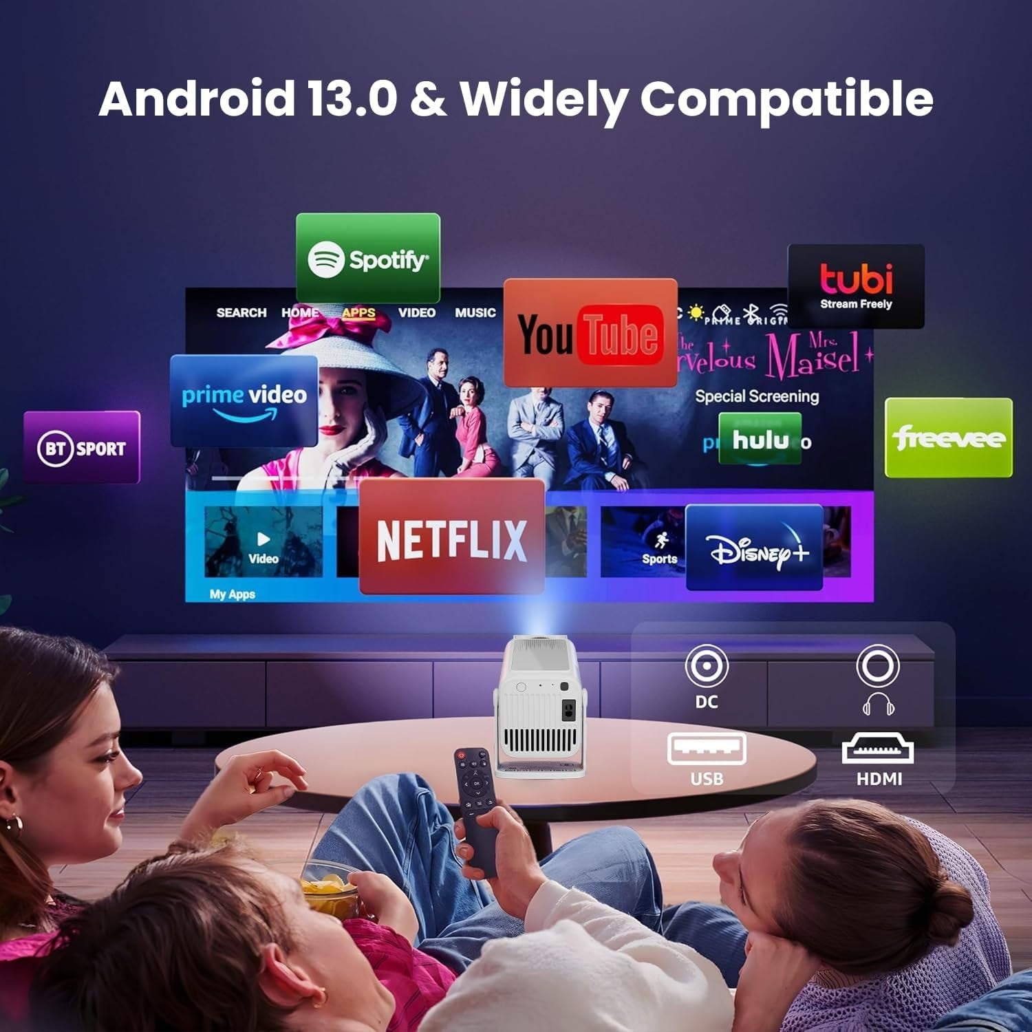 NÖRDIC Smart Projektor Android 13.0, Native 1080P, Auto Keystone, 300ANSI 4K HDR Støtte, Roterbar Design WiFi 6 & BT, Skjermspeiling, ARC