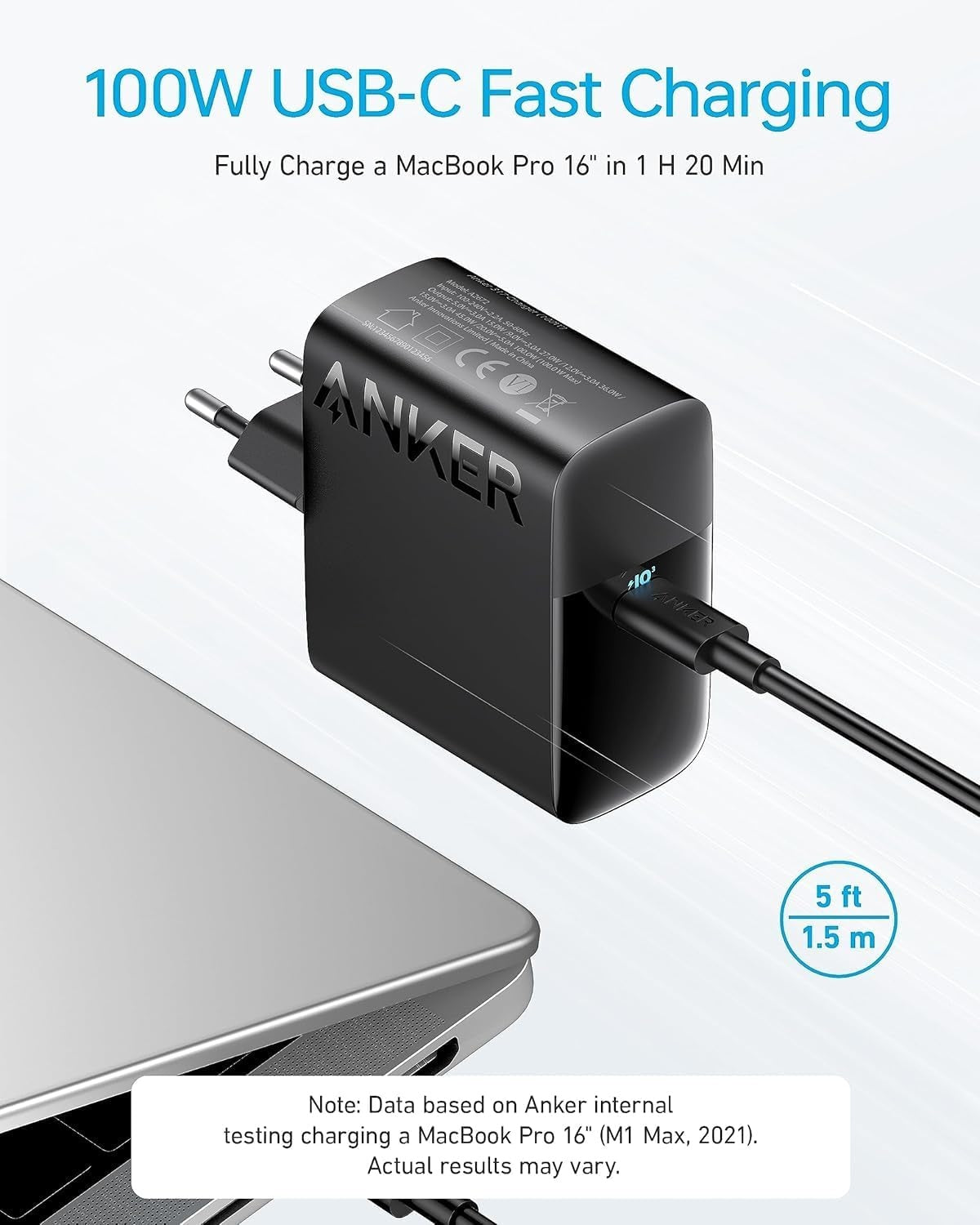 Anker 100W USB-C lader, PIQ 3.0 kompakt hurtiglader