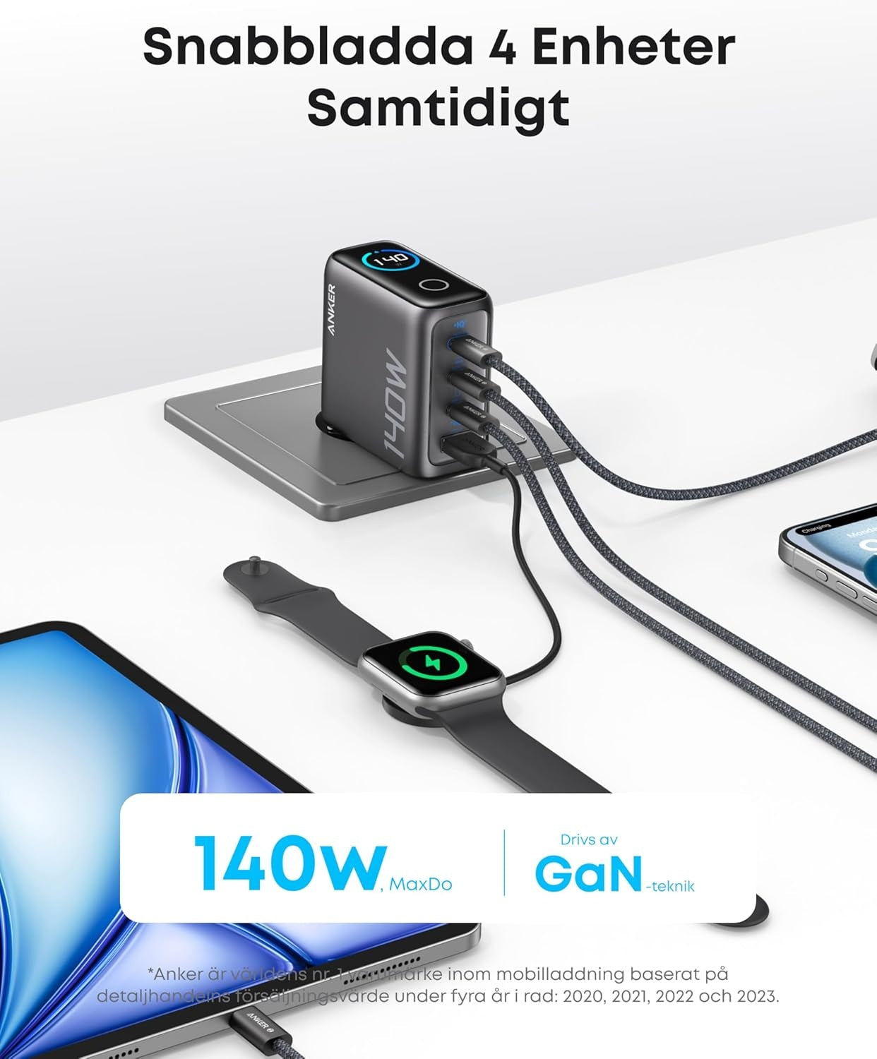 Anker 140W USB-C 4-Port Multi-Devices GaN-lader, Touch Control, kompatibel med MacBook, iPhone 17/16/15, Samsung, Pixel og mer