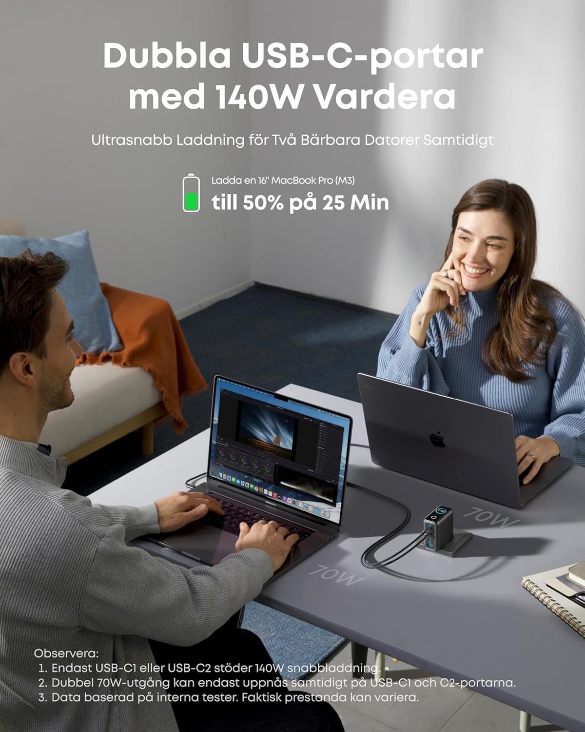 Anker 140W USB-C 4-Port Multi-Devices GaN-lader, Touch Control, kompatibel med MacBook, iPhone 17/16/15, Samsung, Pixel og mer