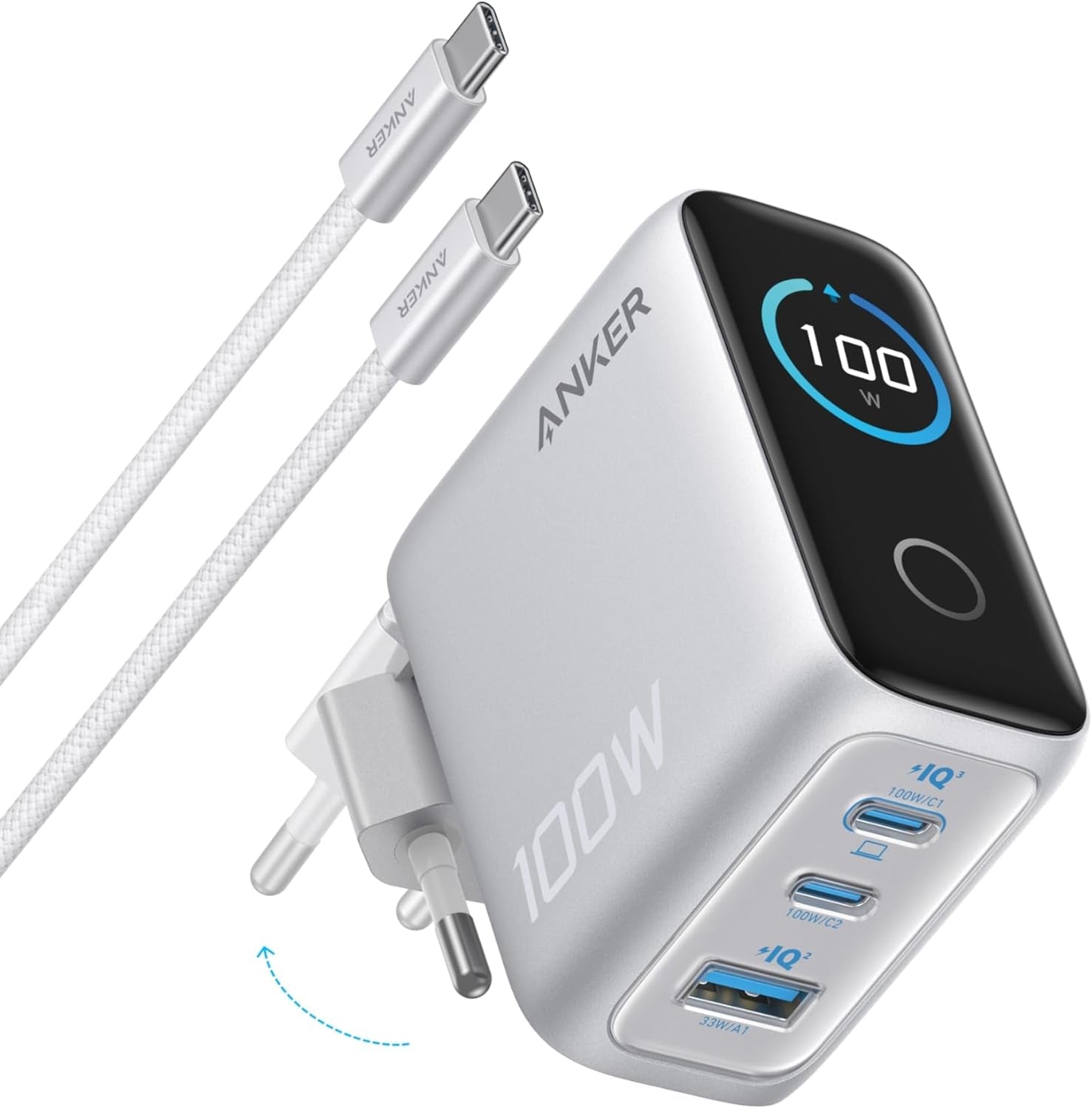 Anker Lader 100W USB-C Ultra-kompakt 3-ports GaN-hurtiglader for vegguttak med smart skjerm og berøringskontroll