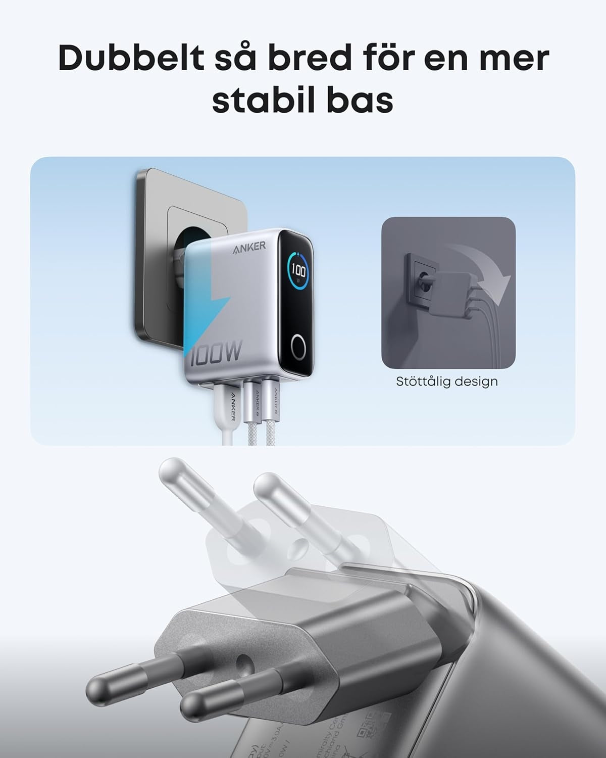 Anker Lader 100W USB-C Ultra-kompakt 3-ports GaN-hurtiglader for vegguttak med smart skjerm og berøringskontroll