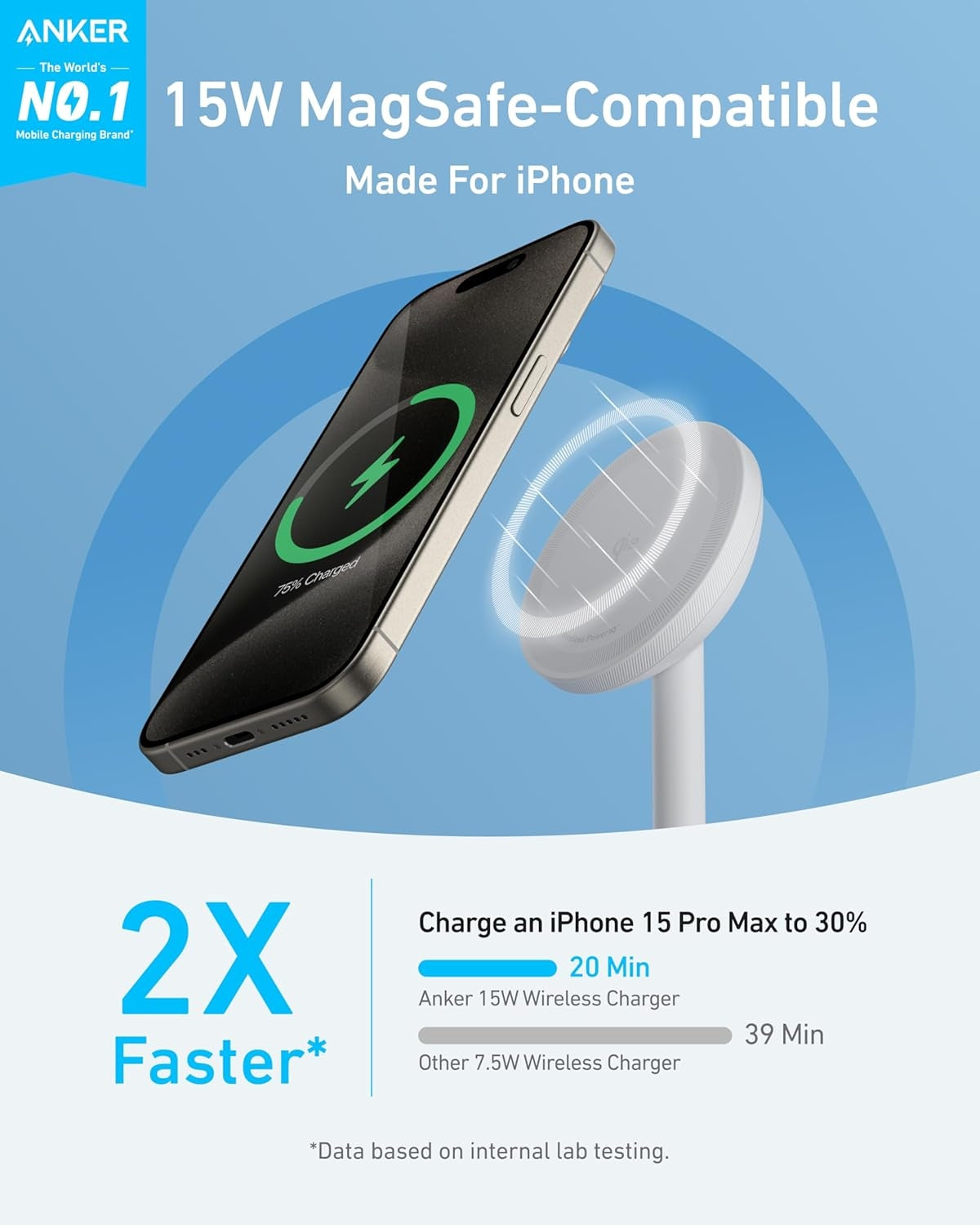 Anker MagGo 15W trådløs lader med USB-C-kabel, Qi2 trådløs lader, for iPhone 16/15/14/13-serien og AirPods